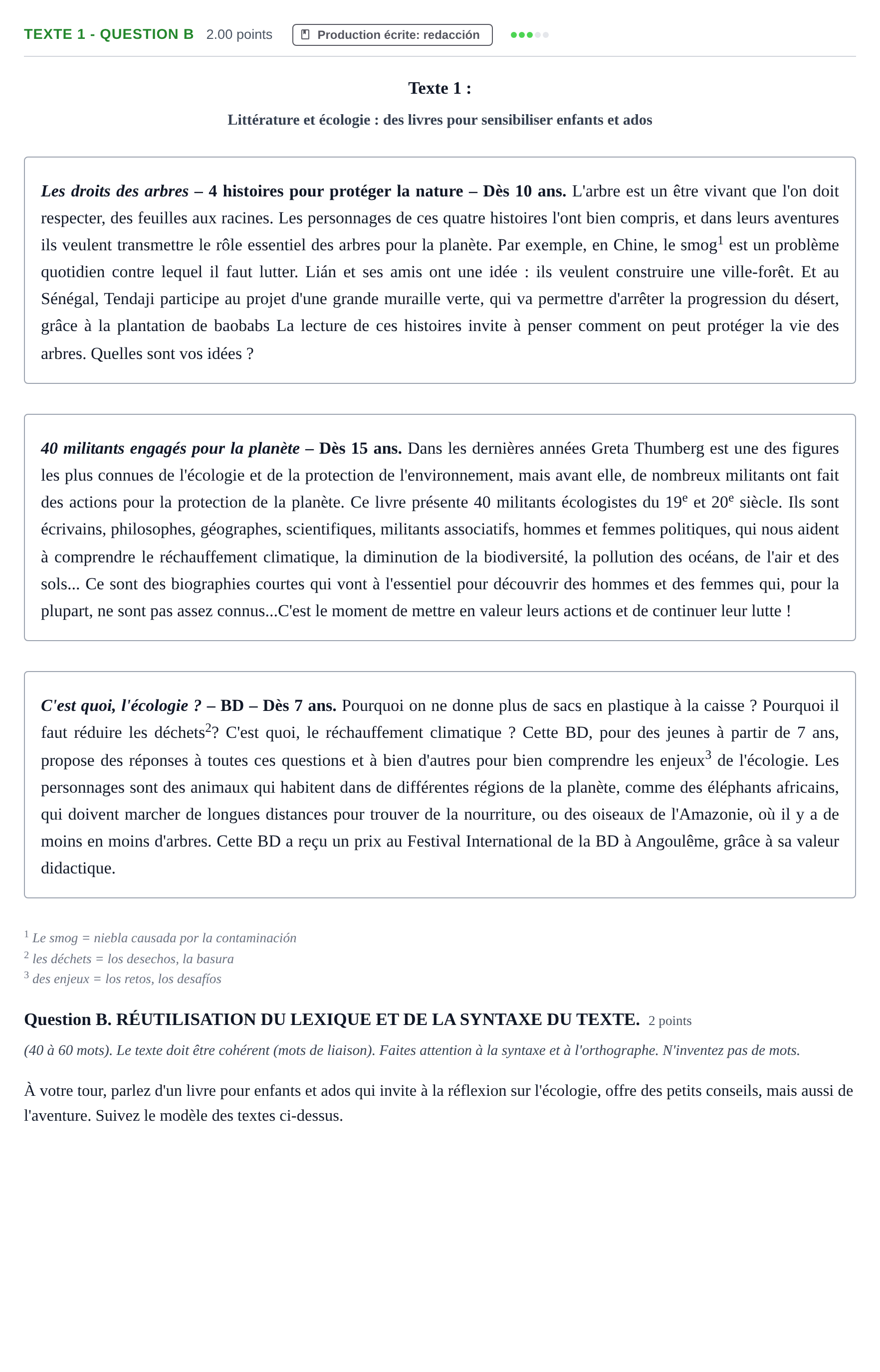 Enunciado: Ejercicio Texte 1 - Question B · Francés PAU Castilla-La Mancha Extraordinaria 2023