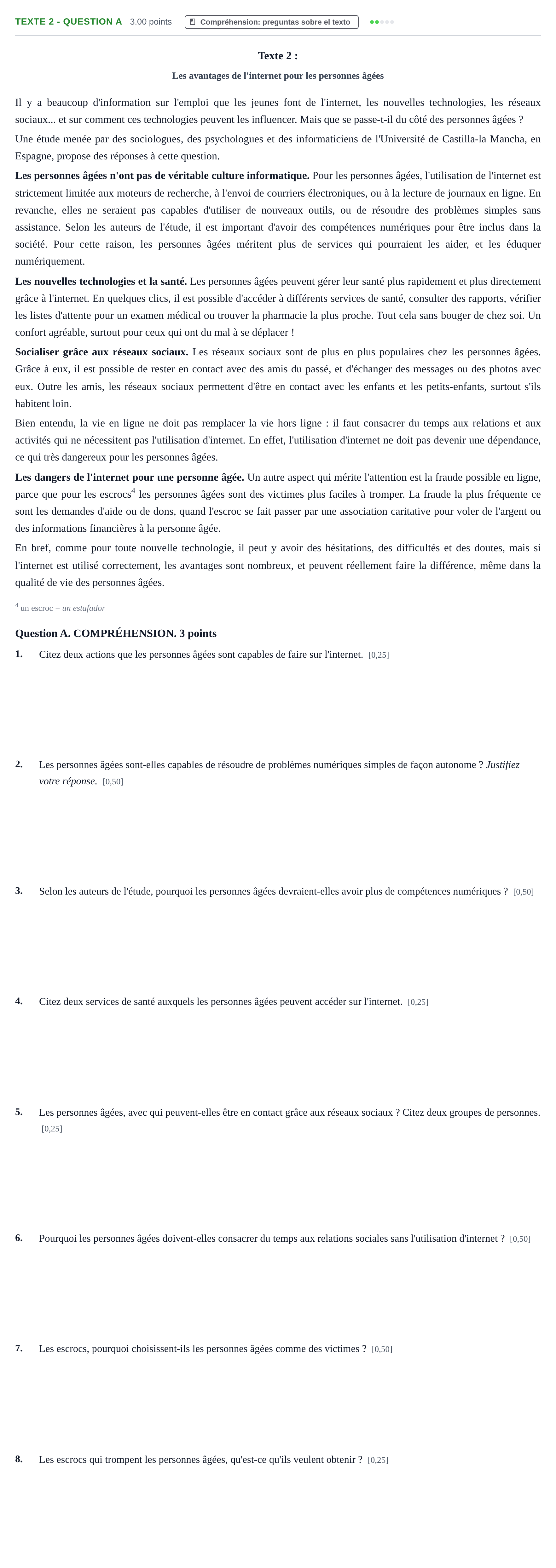Enunciado: Ejercicio Texte 2 - Question A · Francés PAU Castilla-La Mancha Extraordinaria 2023