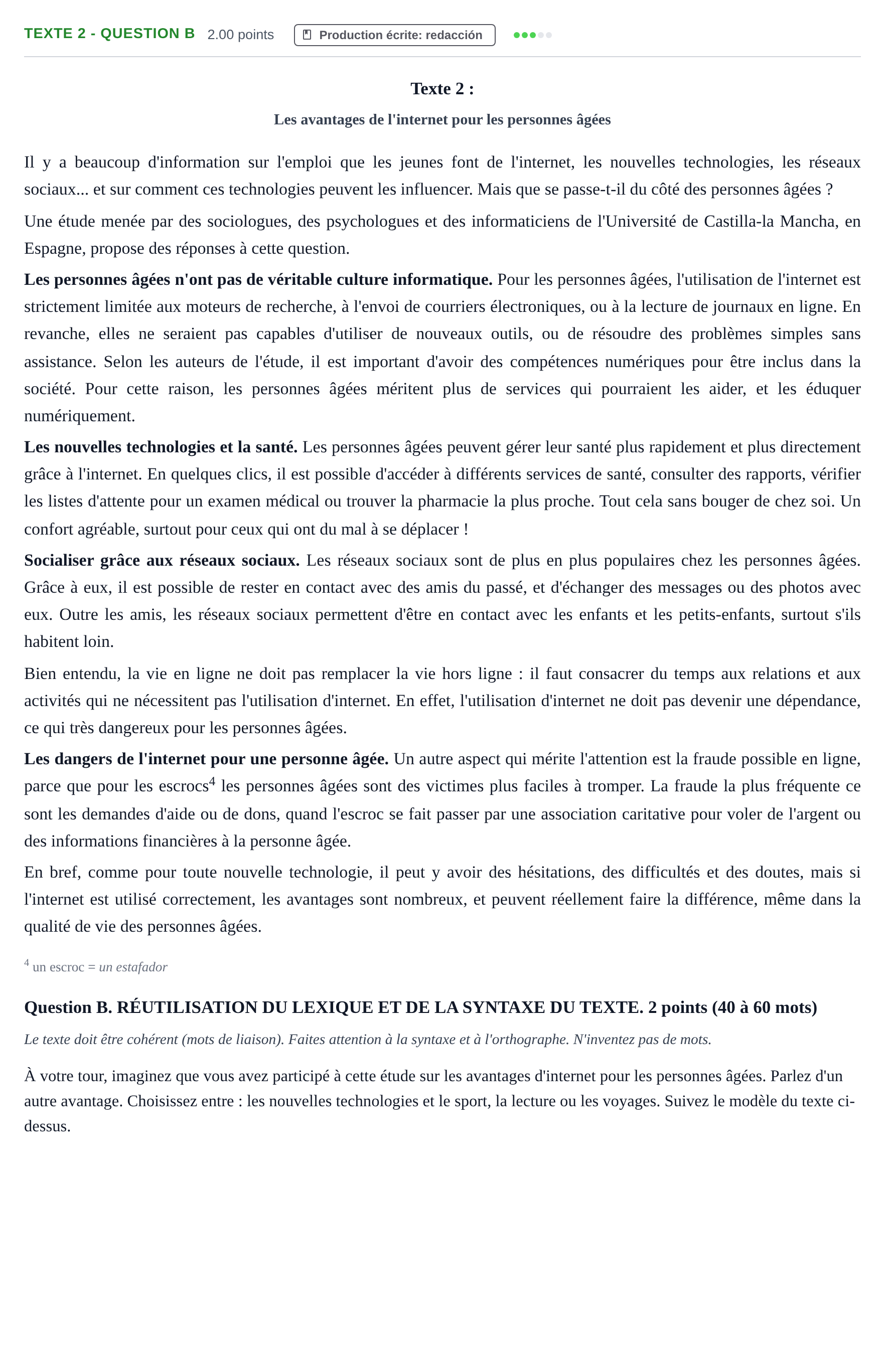 Enunciado: Ejercicio Texte 2 - Question B · Francés PAU Castilla-La Mancha Extraordinaria 2023