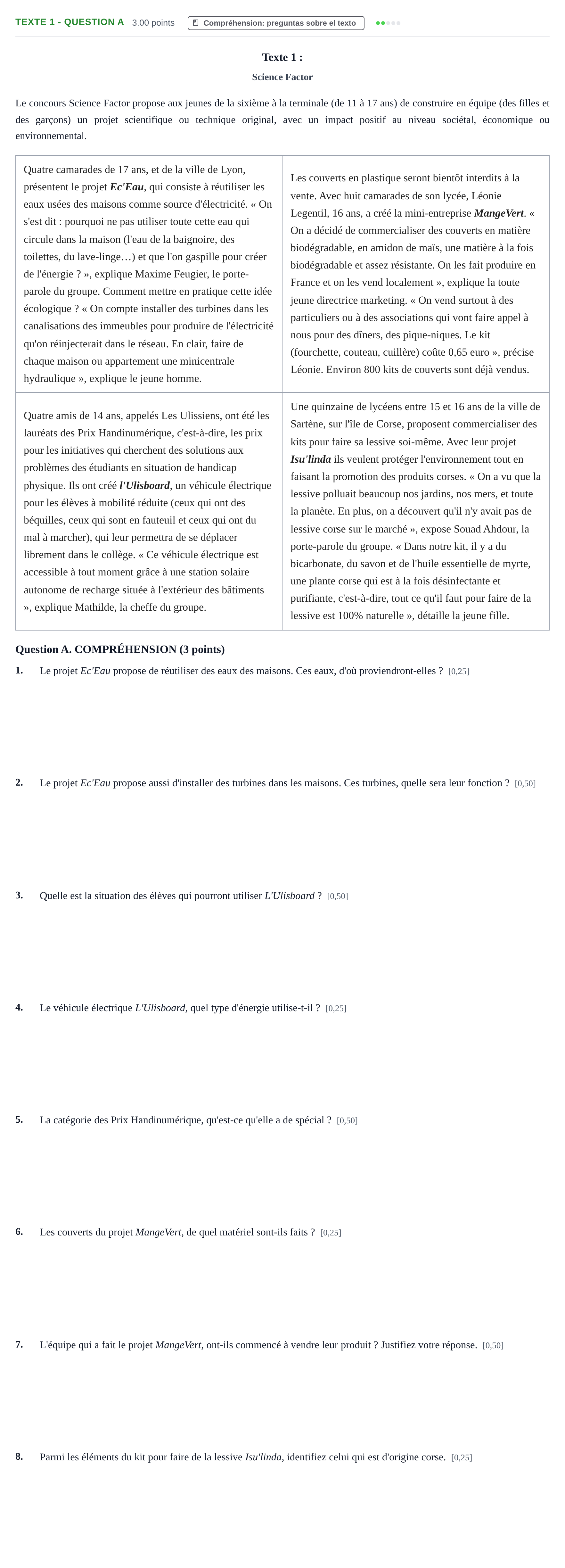 Enunciado: Ejercicio Texte 1 - Question A · Francés PAU Castilla-La Mancha Ordinaria 2023