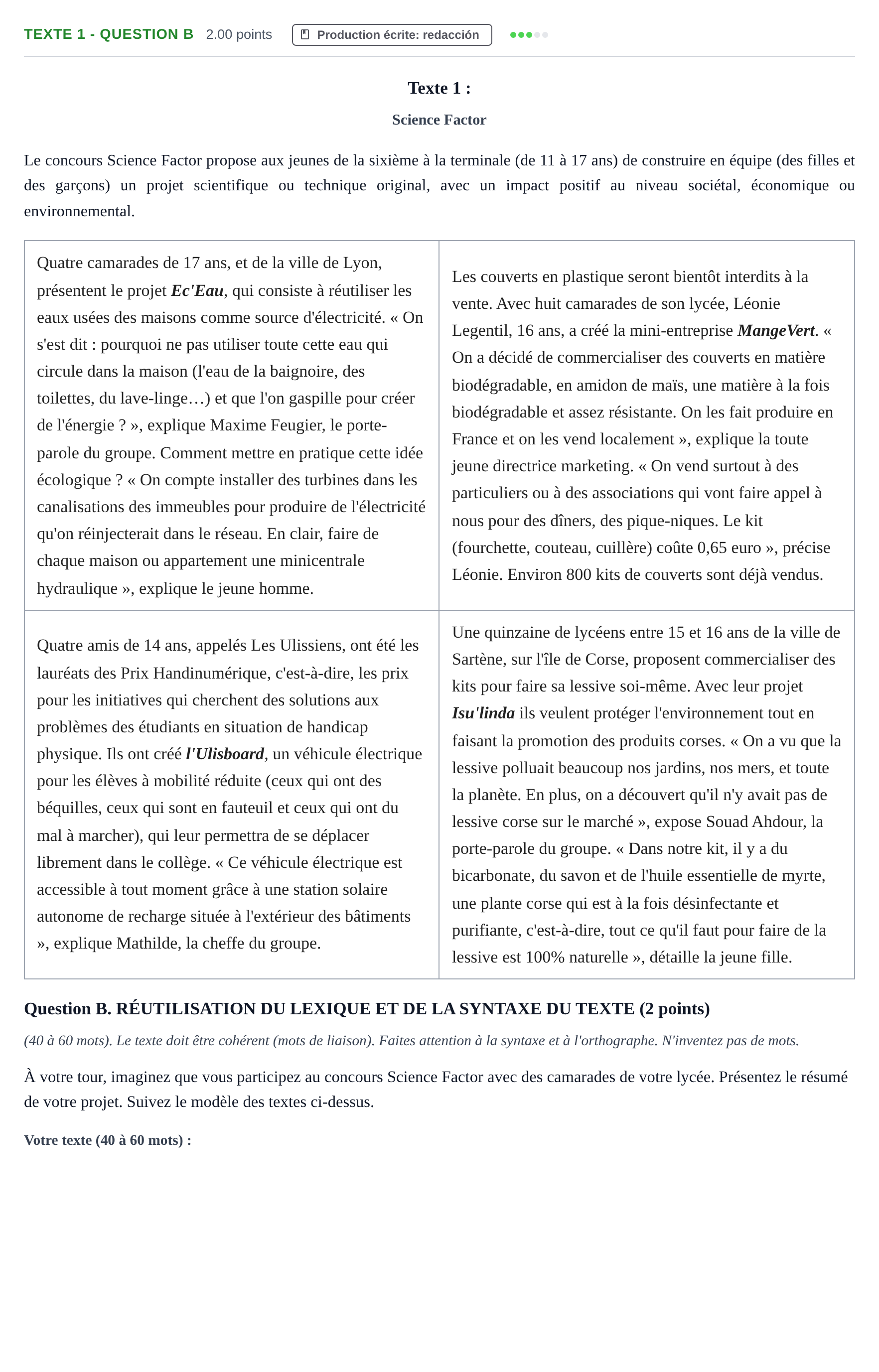 Enunciado: Ejercicio Texte 1 - Question B · Francés PAU Castilla-La Mancha Ordinaria 2023