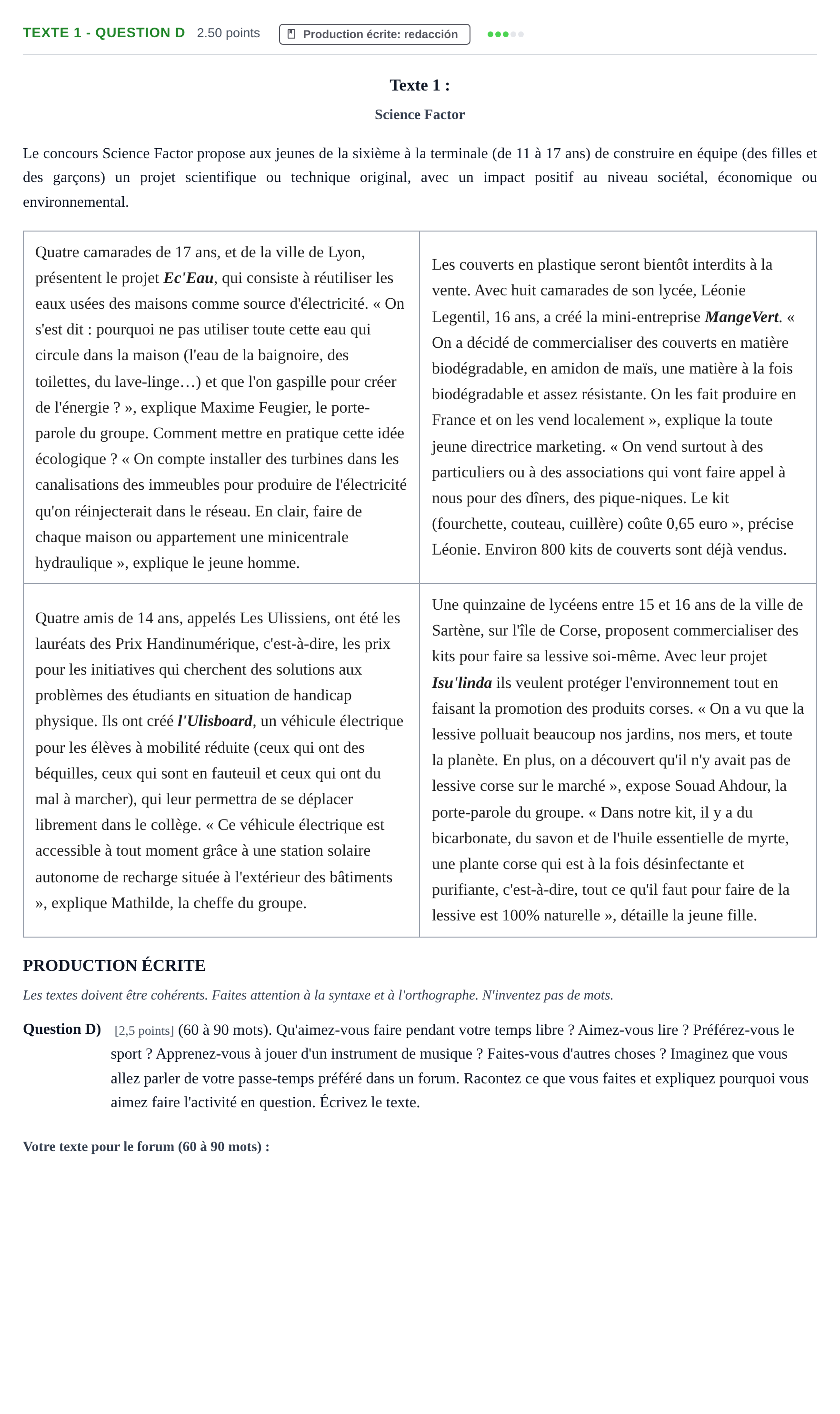 Enunciado: Ejercicio Texte 1 - Question D · Francés PAU Castilla-La Mancha Ordinaria 2023