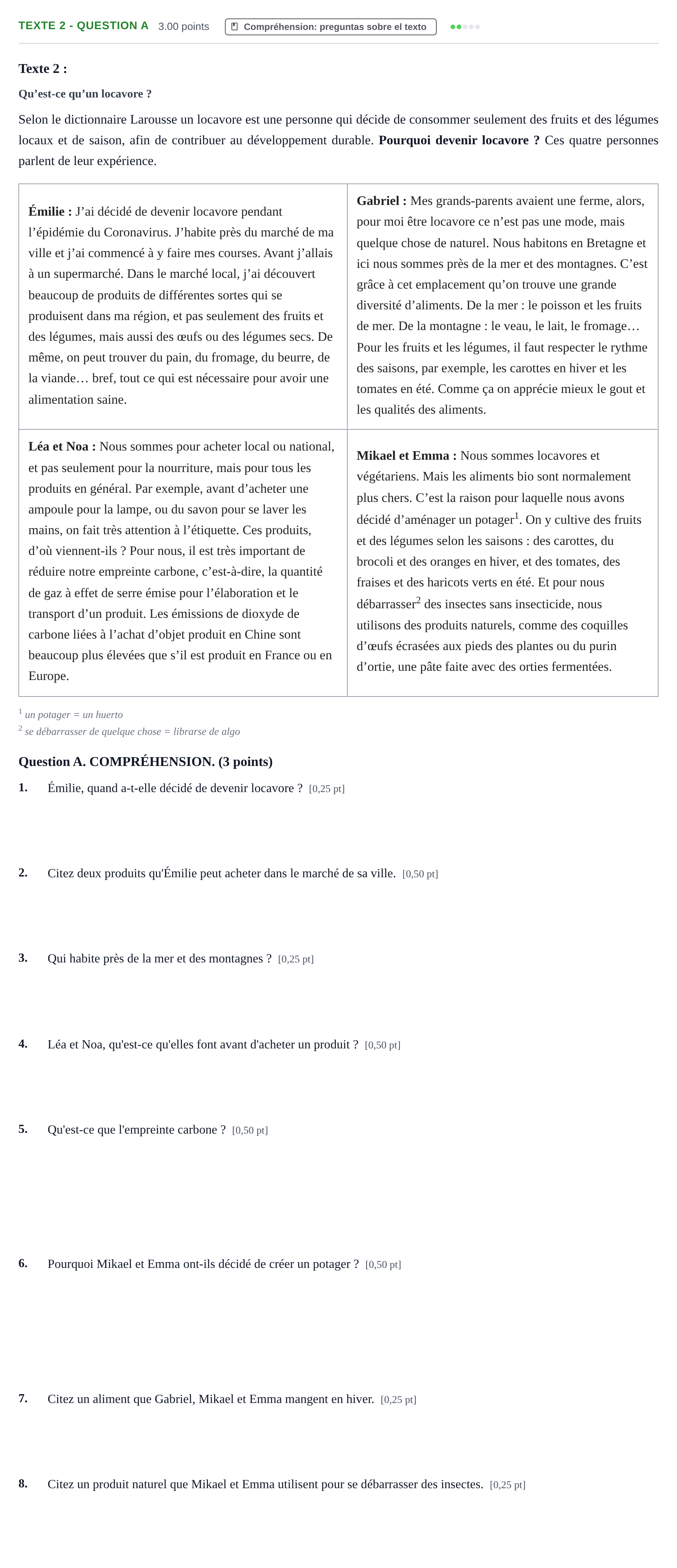 Enunciado: Ejercicio Texte 2 - Question A · Francés PAU Castilla-La Mancha Ordinaria 2023