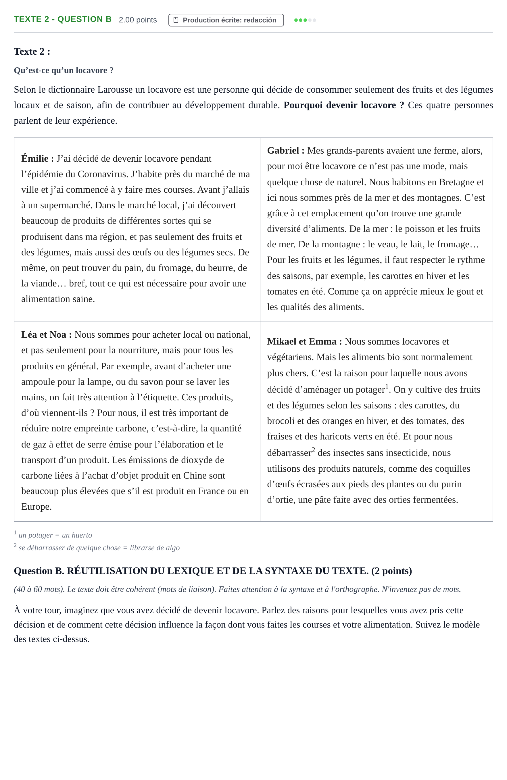 Enunciado: Ejercicio Texte 2 - Question B · Francés PAU Castilla-La Mancha Ordinaria 2023