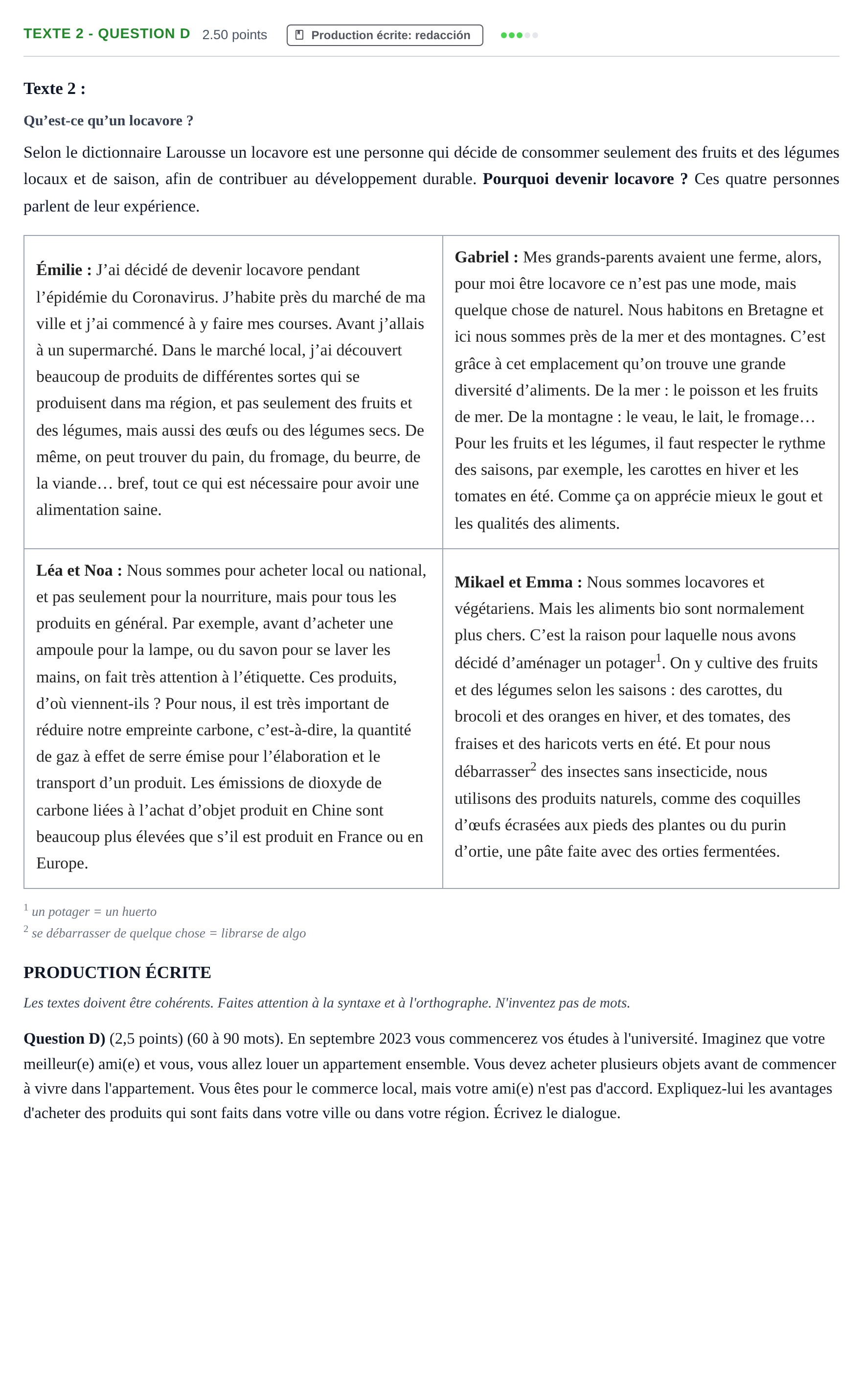 Enunciado: Ejercicio Texte 2 - Question D · Francés PAU Castilla-La Mancha Ordinaria 2023