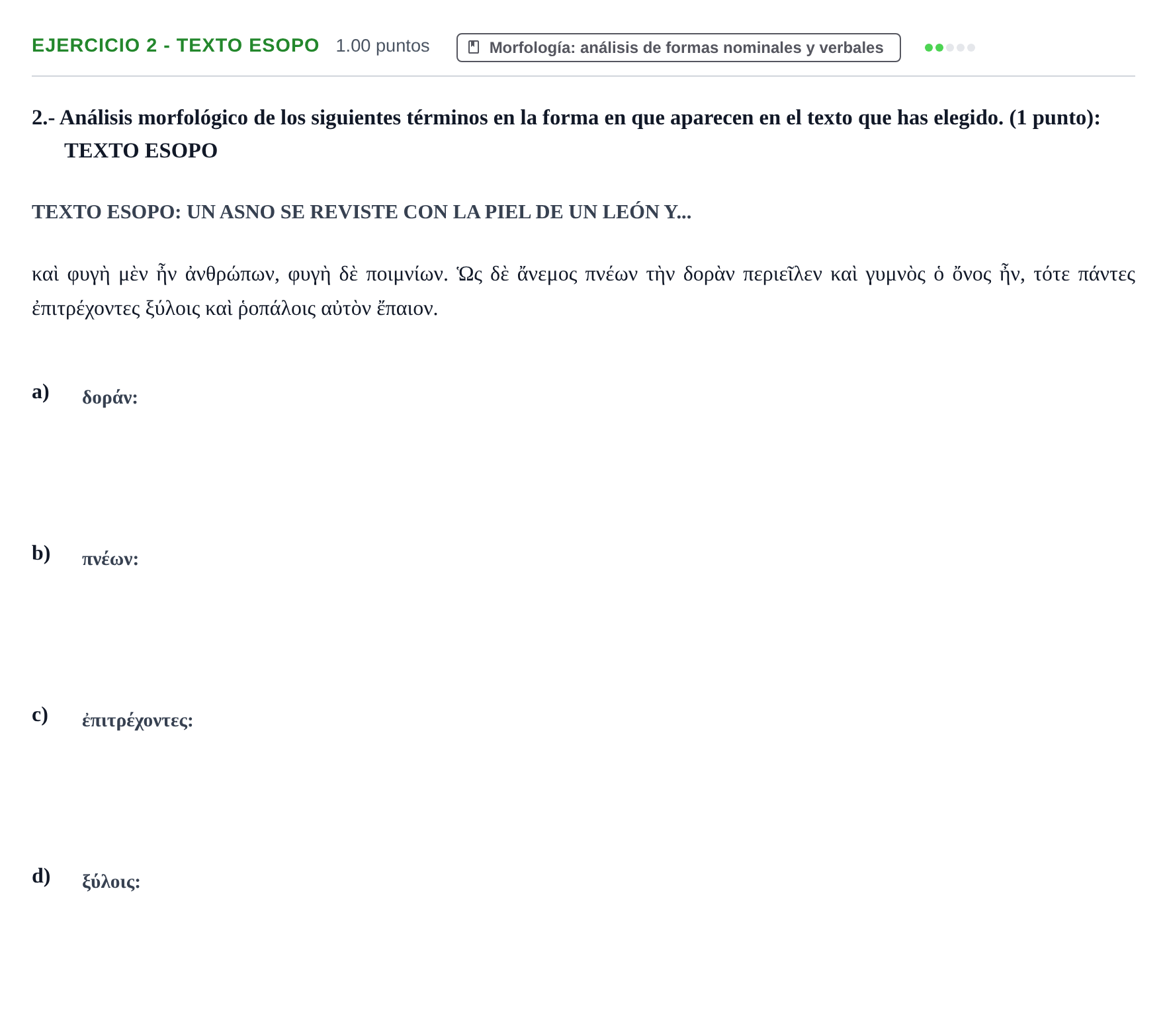 Enunciado: Ejercicio 2 - Texto Esopo · Griego II PAU Castilla-La Mancha Extraordinaria 2023
