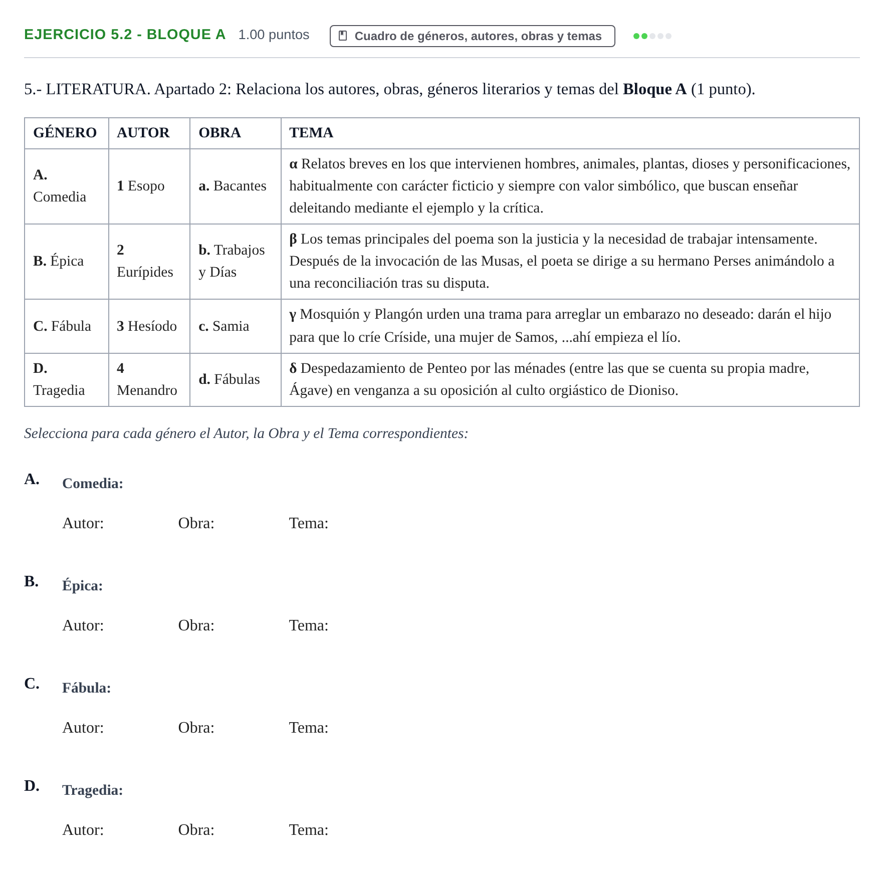 Enunciado: Ejercicio 5.2 - Bloque A · Griego II PAU Castilla-La Mancha Ordinaria 2023
