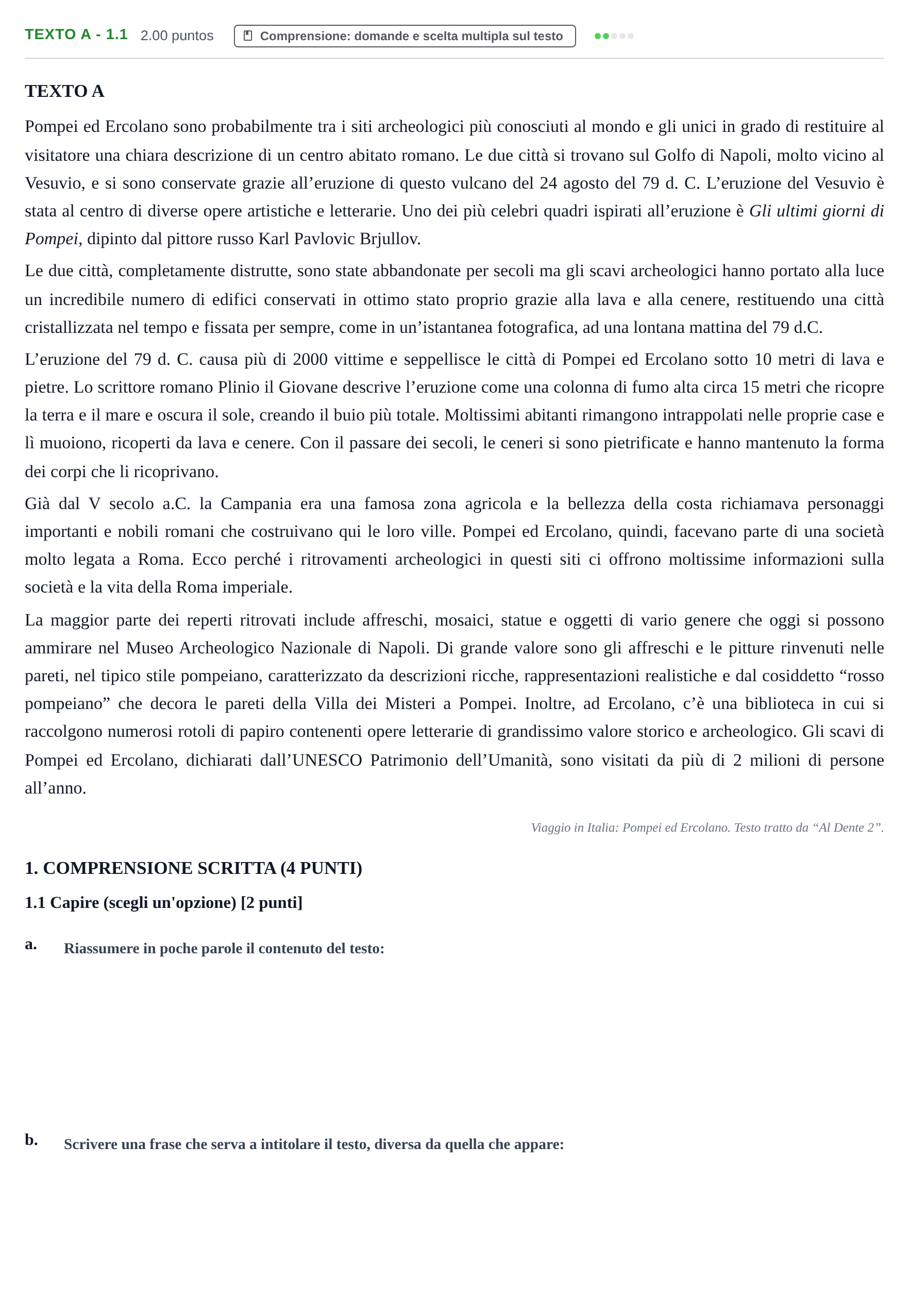 Enunciado: Ejercicio Texto A - 1.1 · Italiano PAU Castilla-La Mancha Extraordinaria 2023