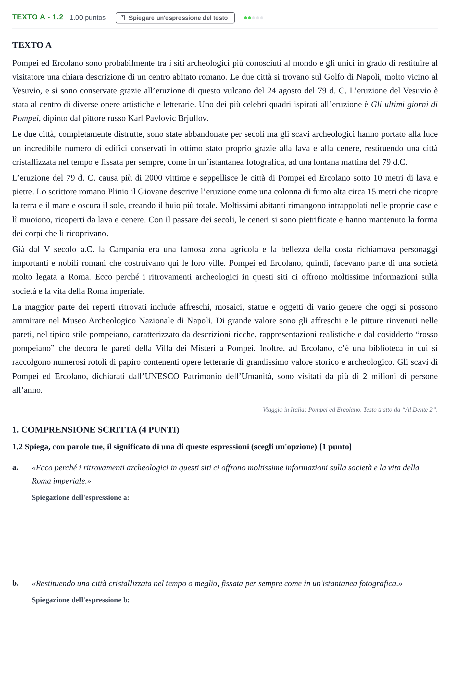 Enunciado: Ejercicio Texto A - 1.2 · Italiano PAU Castilla-La Mancha Extraordinaria 2023