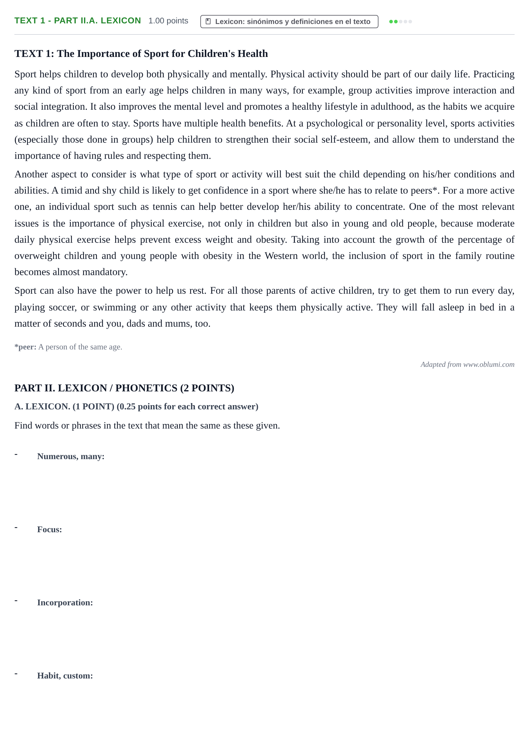 Enunciado: Ejercicio Text 1 - Part II.A. Lexicon · Inglés PAU Castilla-La Mancha Extraordinaria 2023