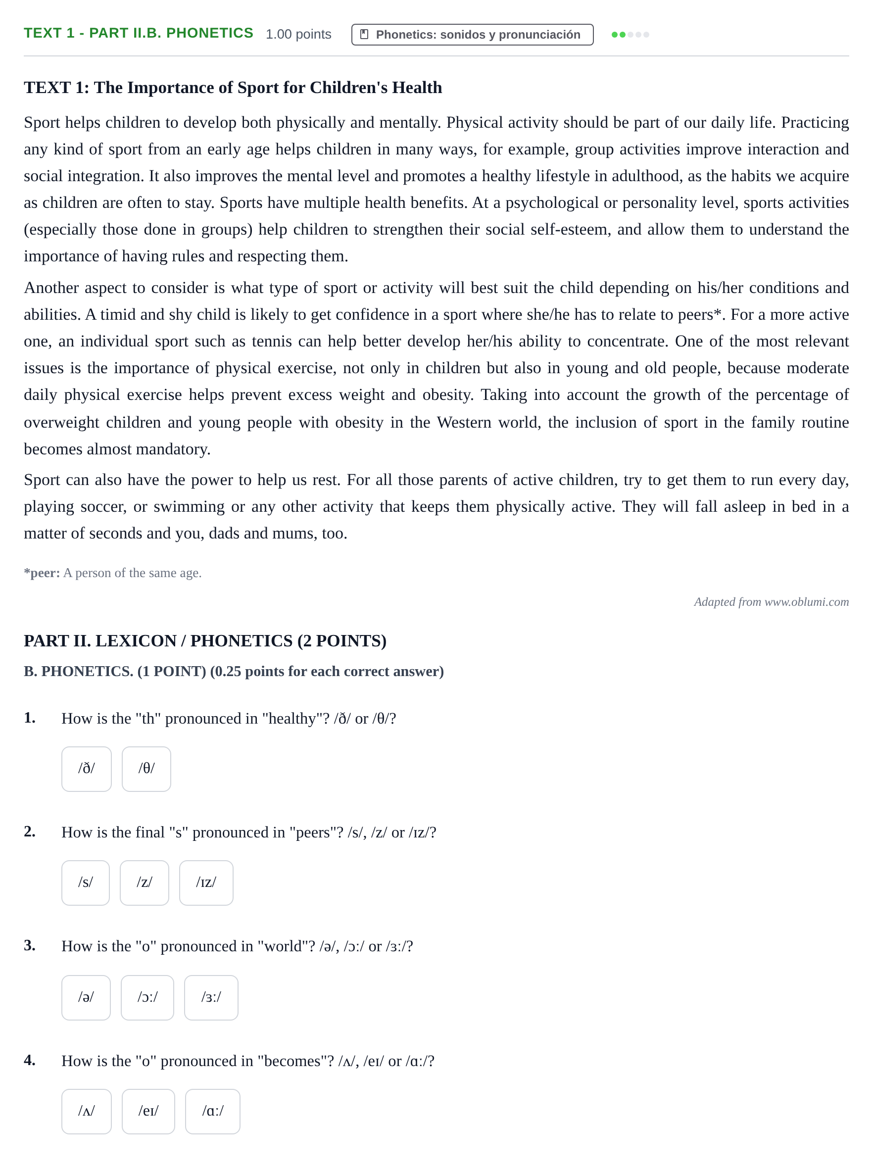 Enunciado: Ejercicio Text 1 - Part II.B. Phonetics · Inglés PAU Castilla-La Mancha Extraordinaria 2023