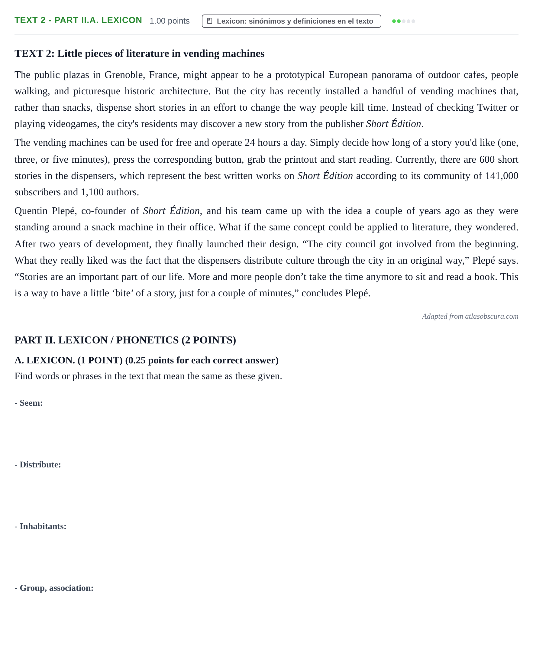 Enunciado: Ejercicio Text 2 - Part II.A. Lexicon · Inglés PAU Castilla-La Mancha Extraordinaria 2023