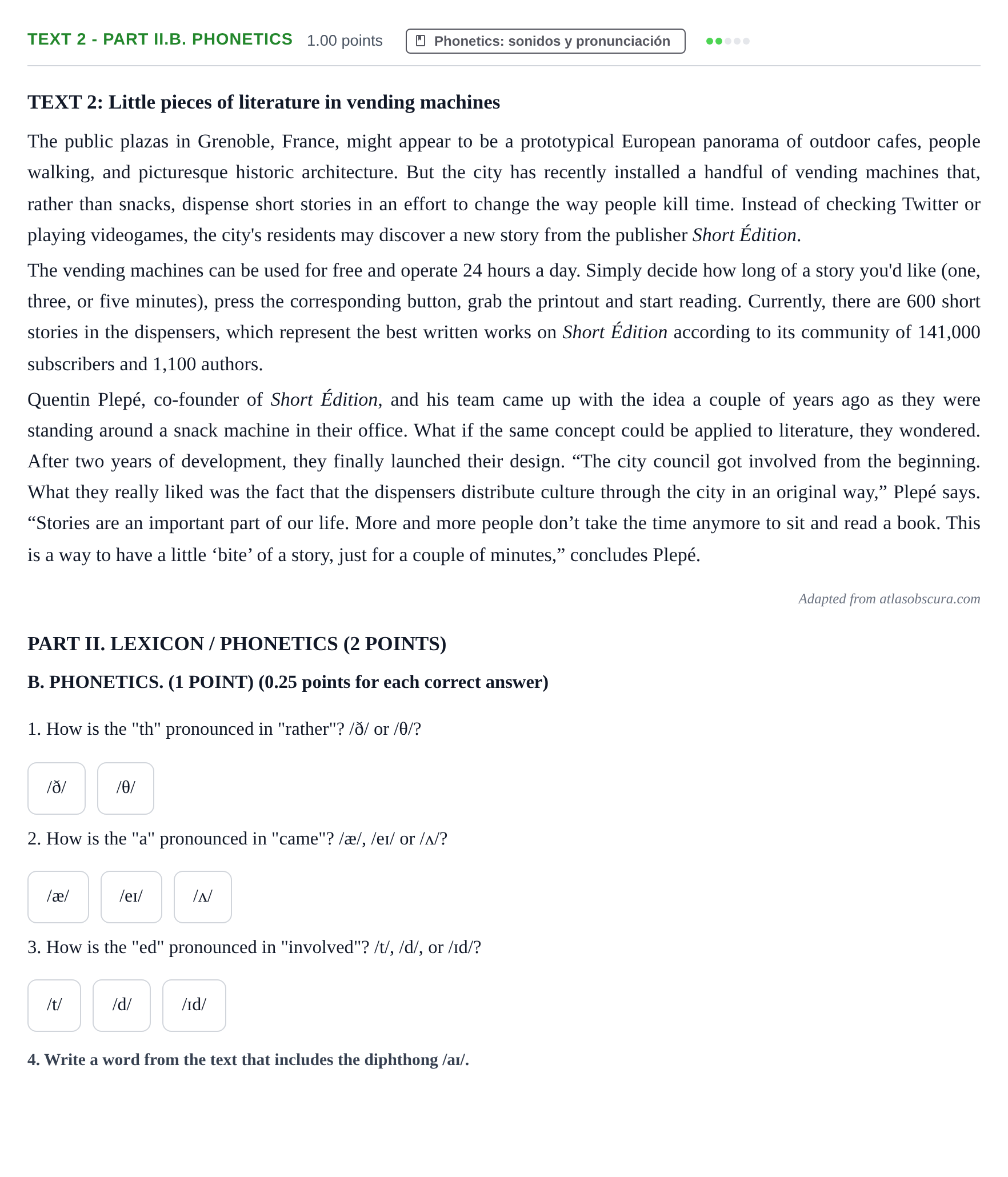 Enunciado: Ejercicio Text 2 - Part II.B. Phonetics · Inglés PAU Castilla-La Mancha Extraordinaria 2023