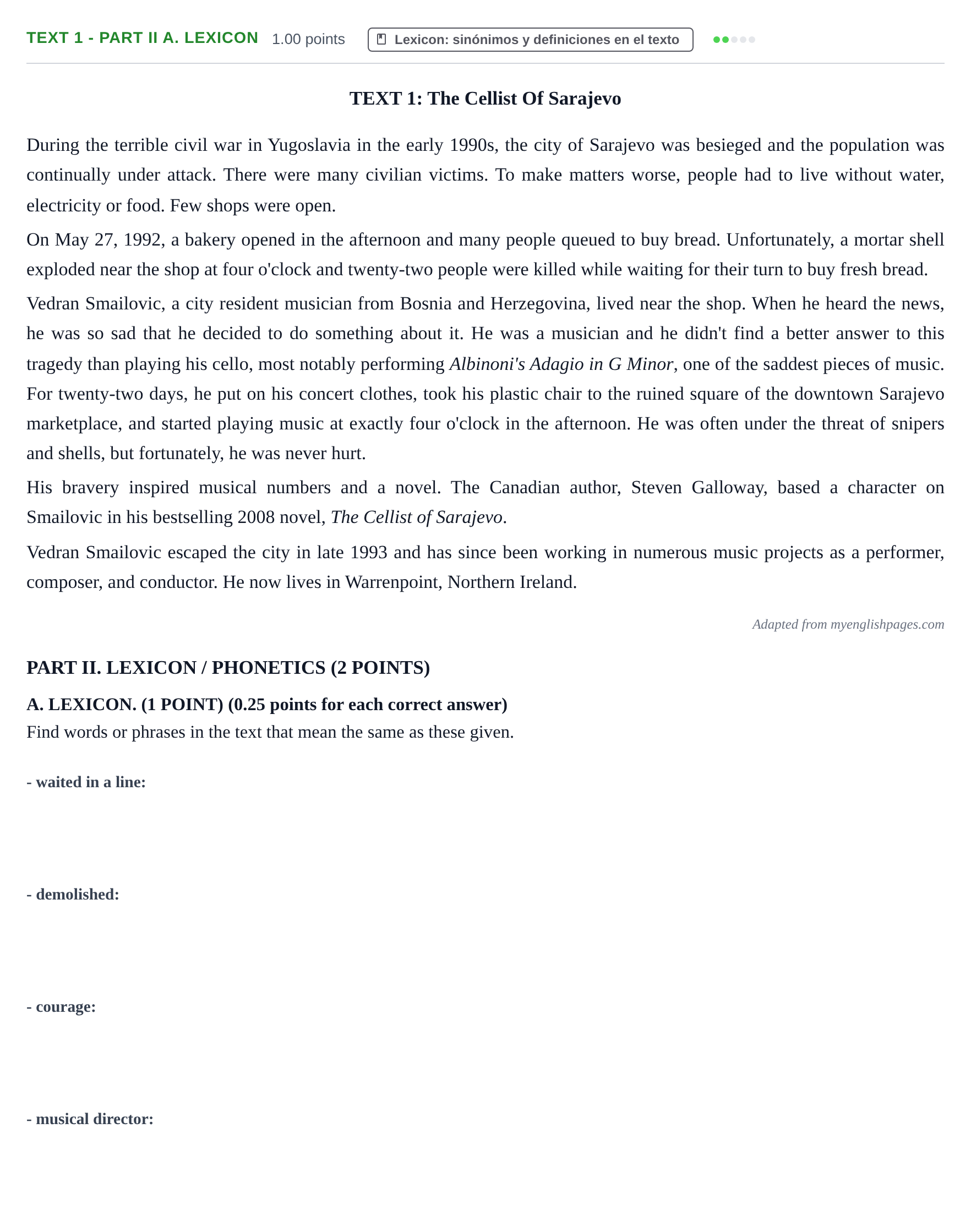 Enunciado: Ejercicio Text 1 - Part II A. Lexicon · Inglés PAU Castilla-La Mancha Ordinaria 2023