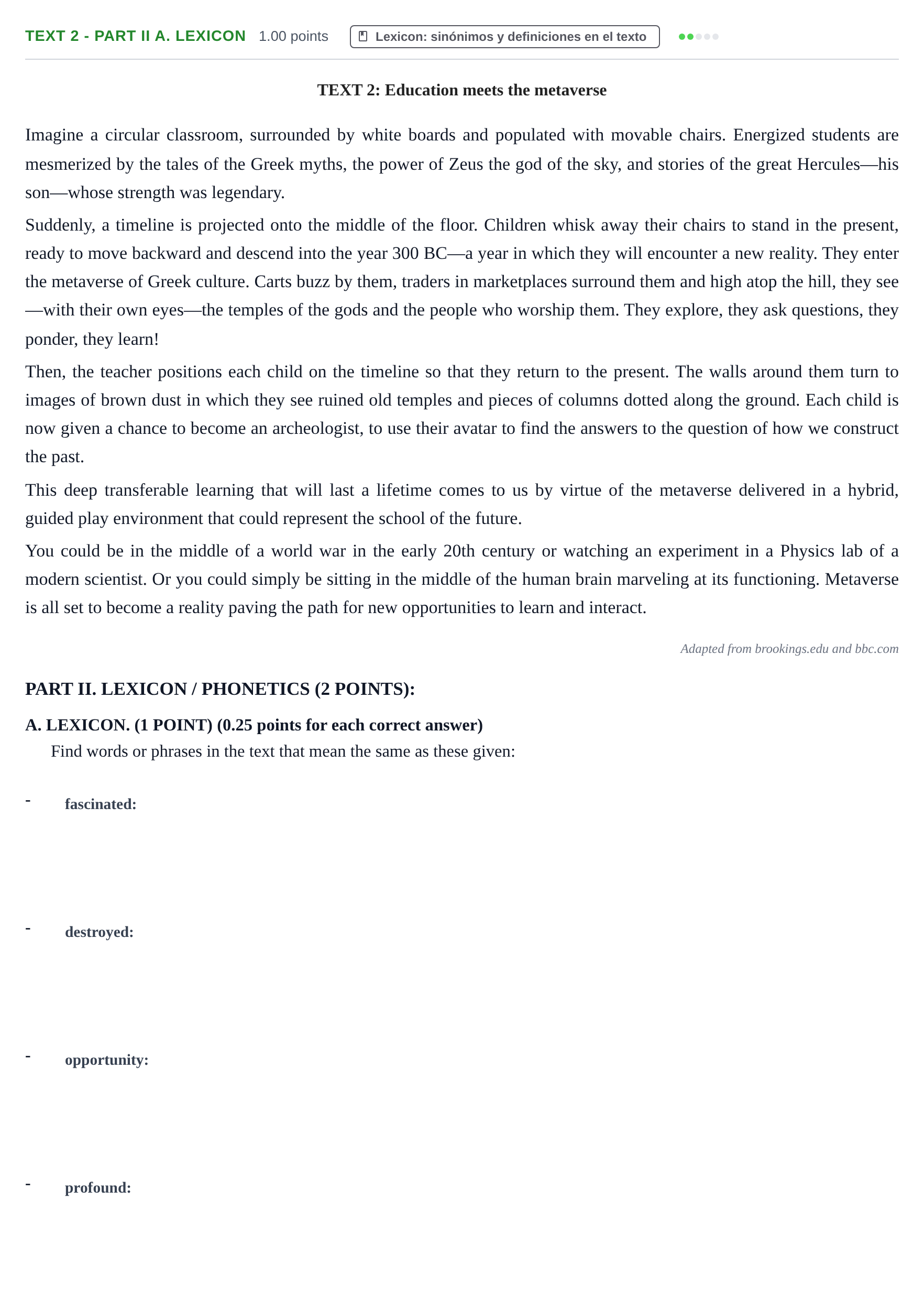 Enunciado: Ejercicio Text 2 - Part II A. Lexicon · Inglés PAU Castilla-La Mancha Ordinaria 2023