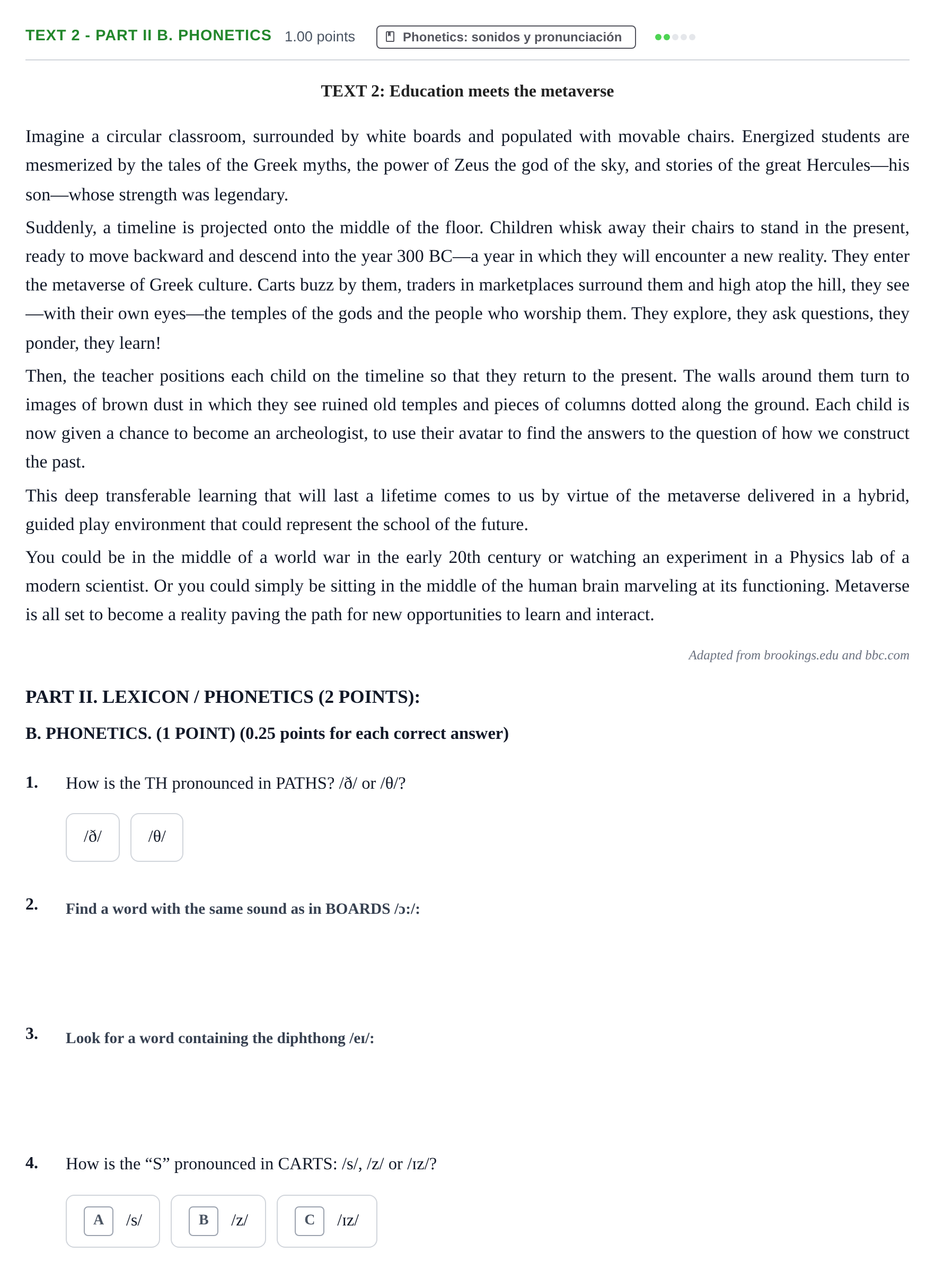 Enunciado: Ejercicio Text 2 - Part II B. Phonetics · Inglés PAU Castilla-La Mancha Ordinaria 2023
