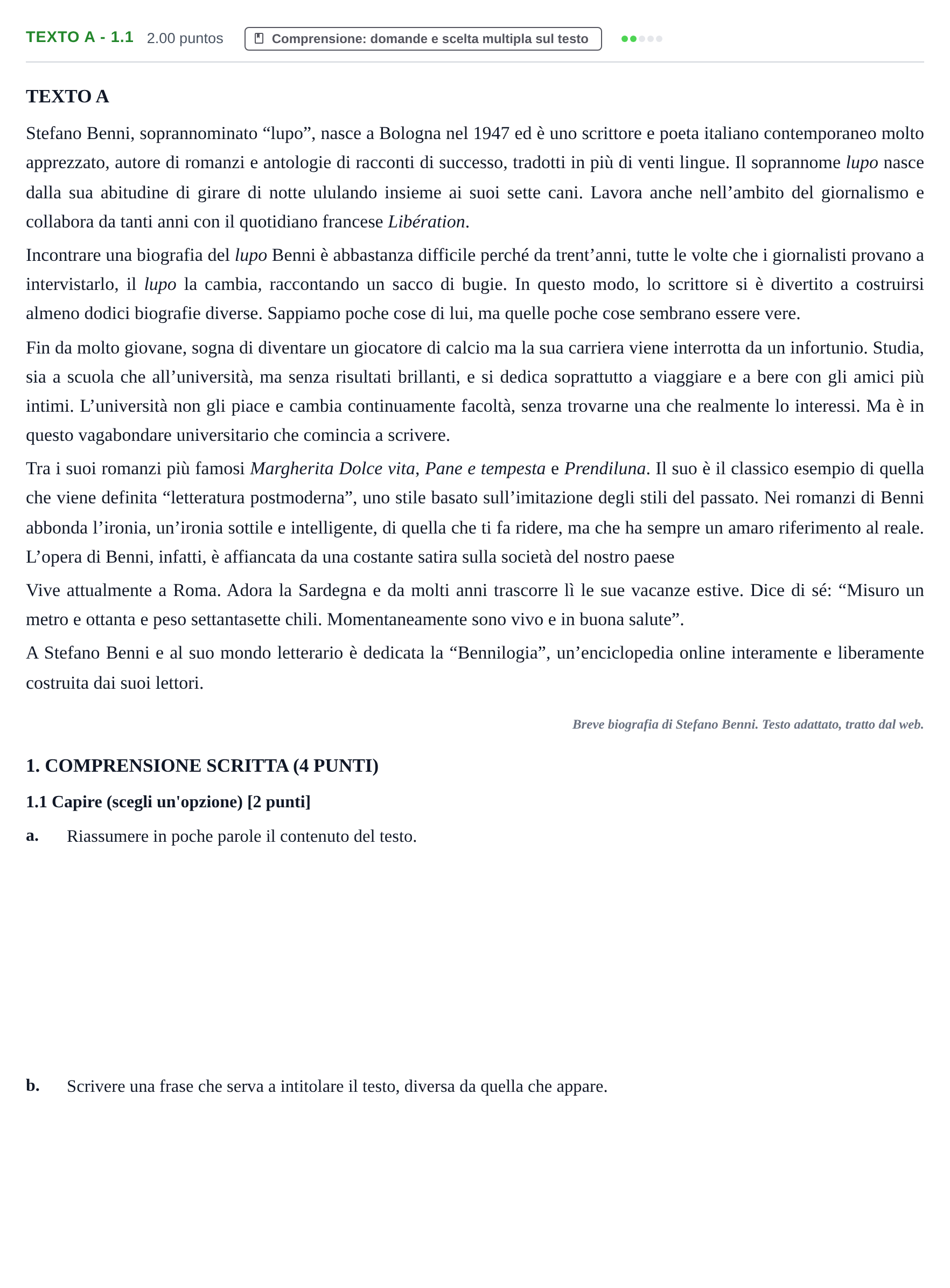 Enunciado: Ejercicio Texto A - 1.1 · Italiano PAU Castilla-La Mancha Ordinaria 2023