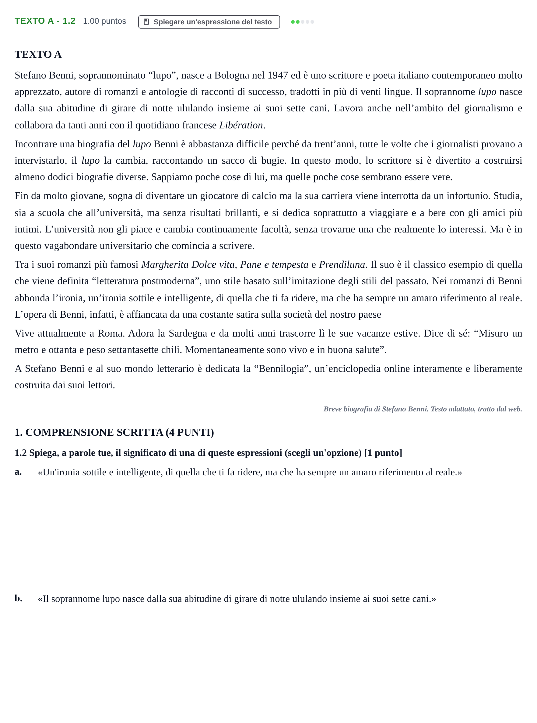 Enunciado: Ejercicio Texto A - 1.2 · Italiano PAU Castilla-La Mancha Ordinaria 2023