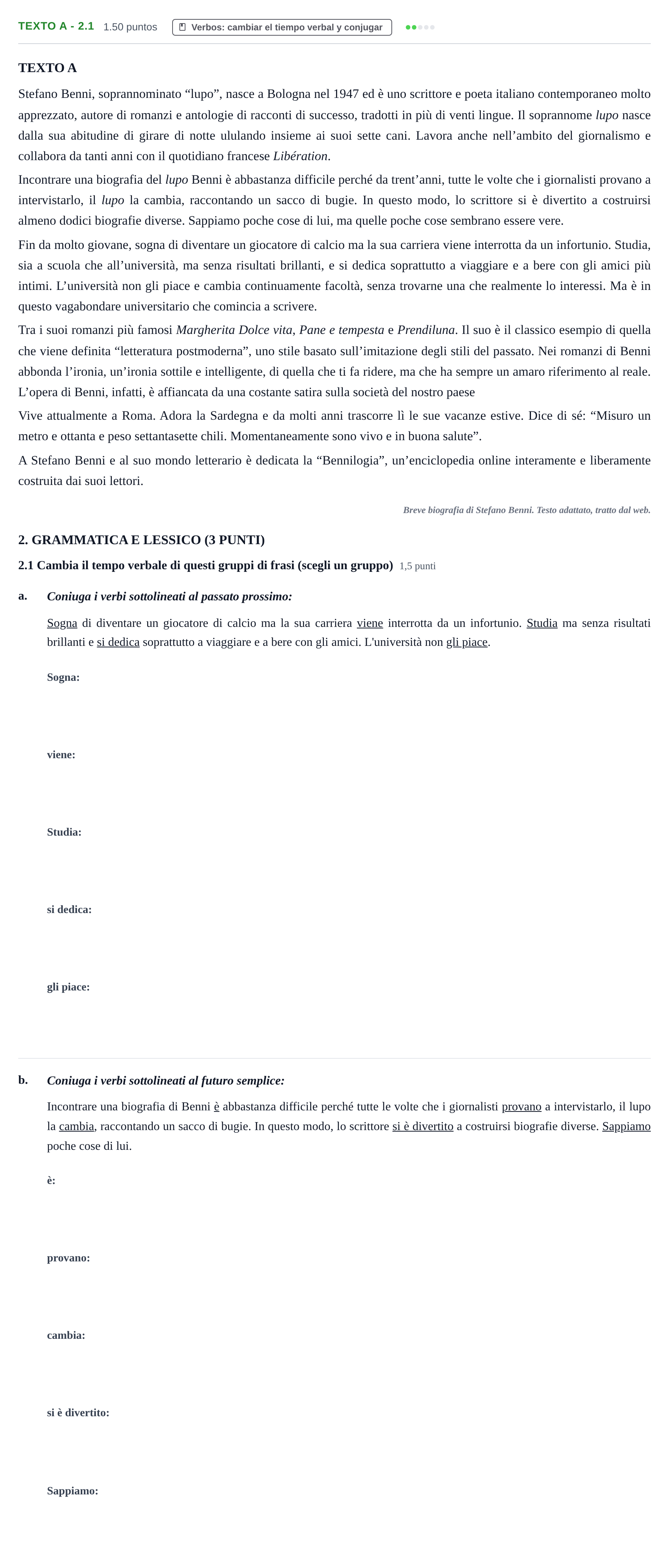 Enunciado: Ejercicio Texto A - 2.1 · Italiano PAU Castilla-La Mancha Ordinaria 2023