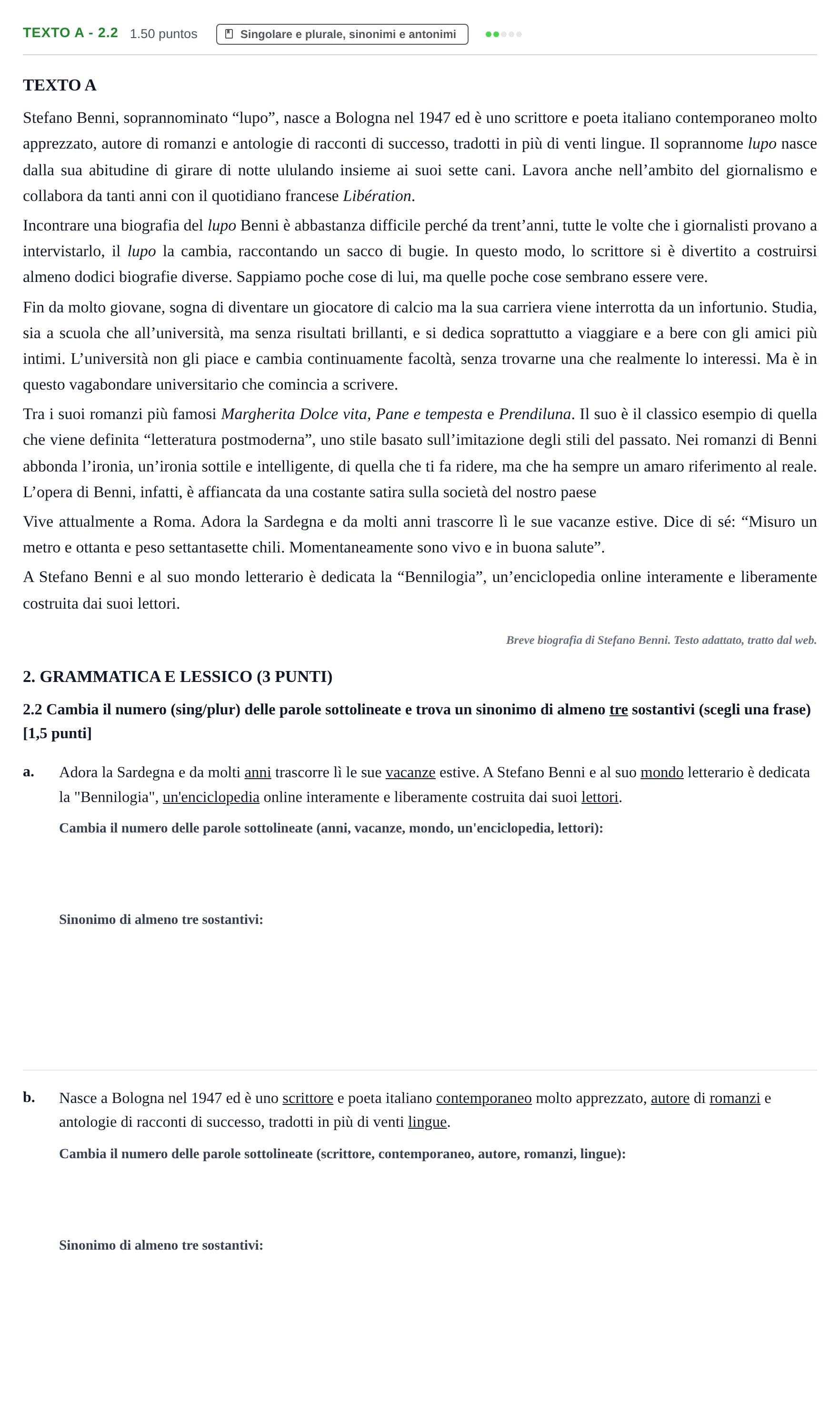 Enunciado: Ejercicio Texto A - 2.2 · Italiano PAU Castilla-La Mancha Ordinaria 2023