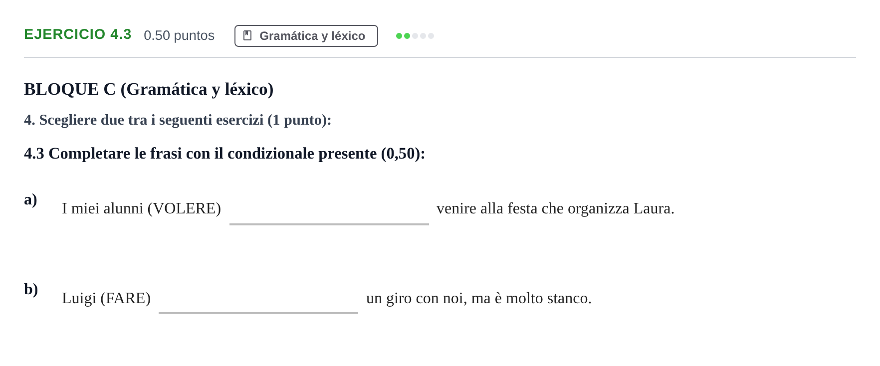 Enunciado: Ejercicio 4.3 · Italiano PAU Andalucía Extraordinaria Suplente 1 2025