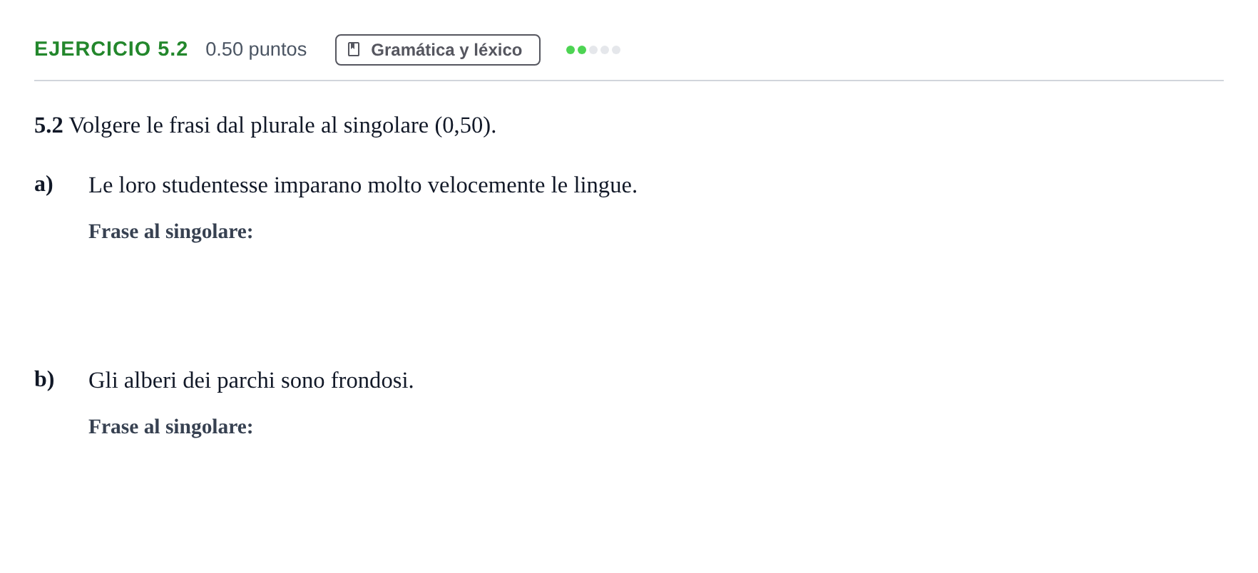 Enunciado: Ejercicio 5.2 · Italiano PAU Andalucía Extraordinaria Suplente 1 2025