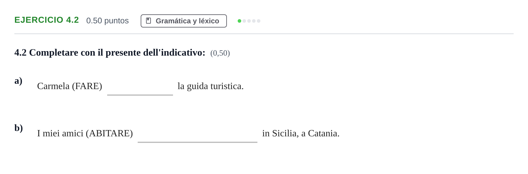 Enunciado: Ejercicio 4.2 · Italiano PAU Andalucía Extraordinaria Titular (Acceso) 2025
