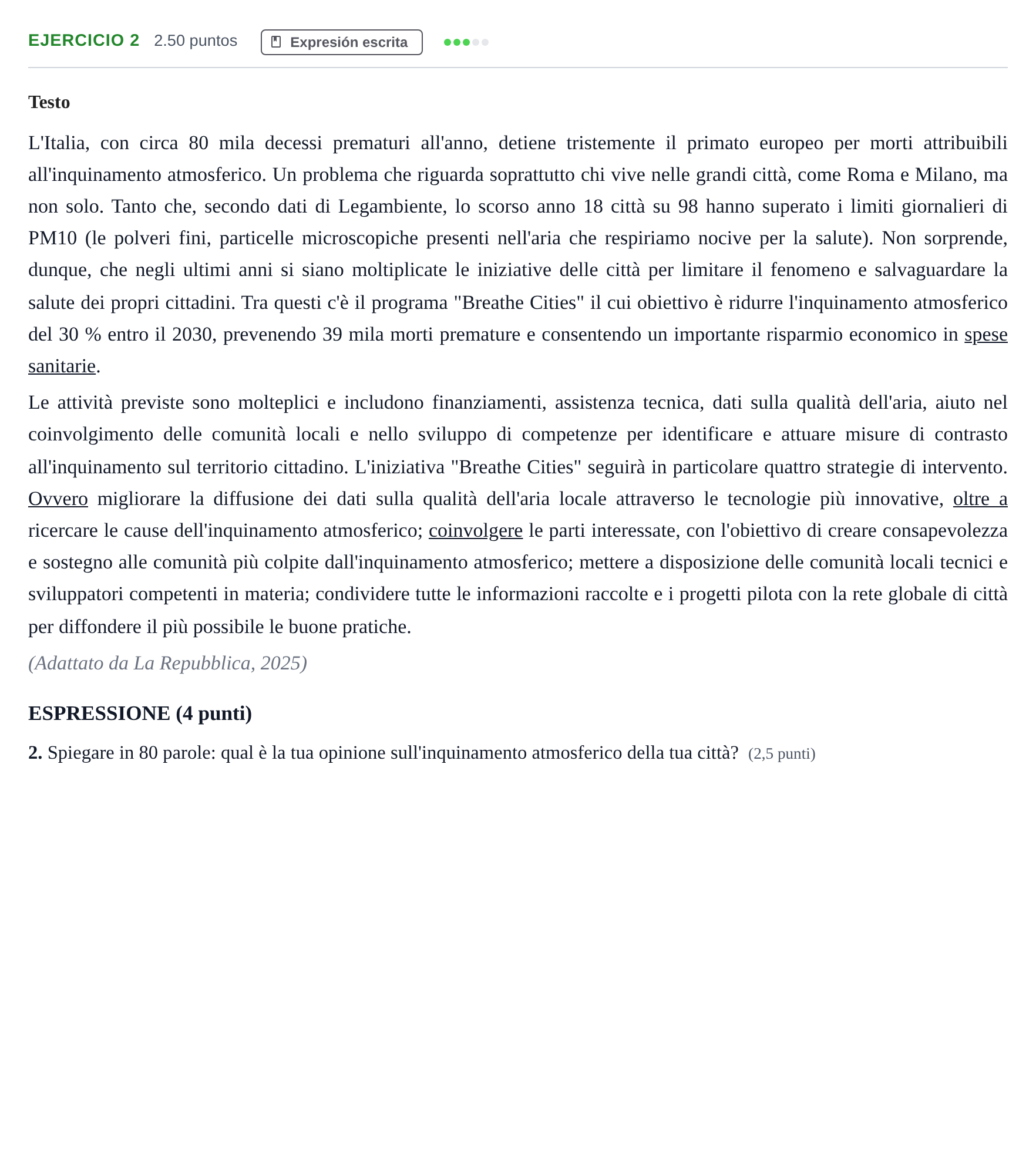 Enunciado: Problema 2 · Italiano PAU Andalucía Extraordinaria Titular (Admisión) 2025