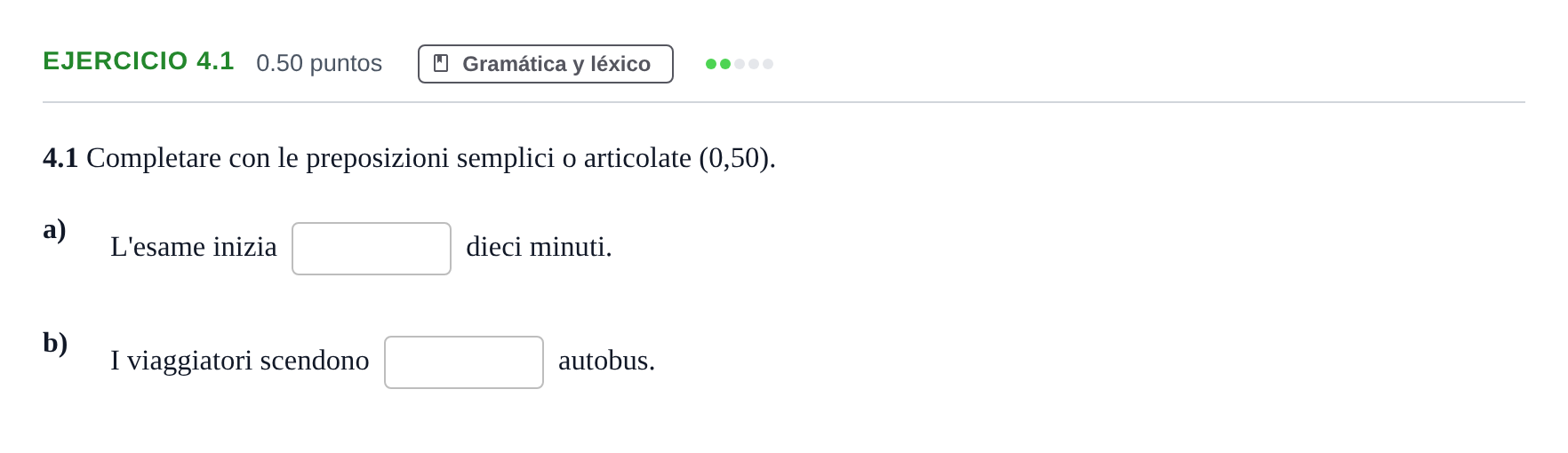 Enunciado: Ejercicio 4.1 · Italiano PAU Andalucía Extraordinaria Titular (Admisión) 2025