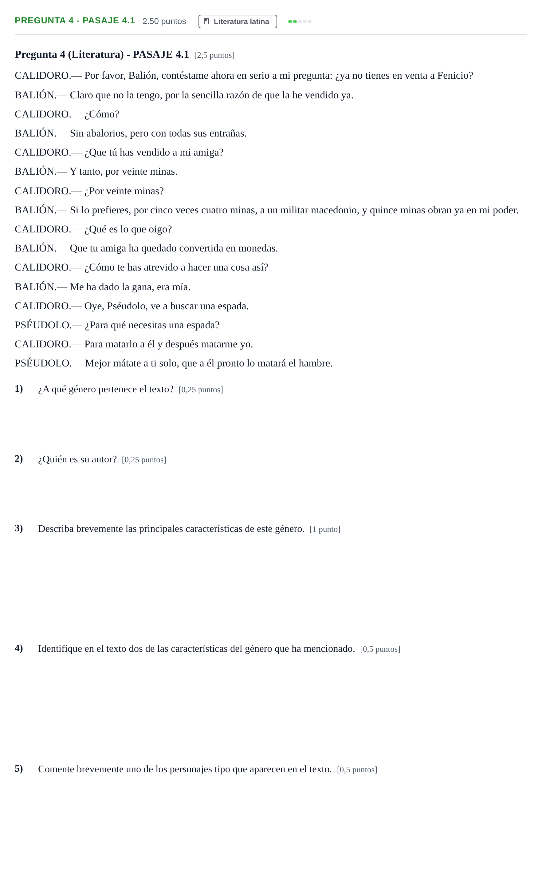 Enunciado: Pregunta 4 - Pasaje 4.1 · Latín II PAU Andalucía Extraordinaria Suplente 2 2025