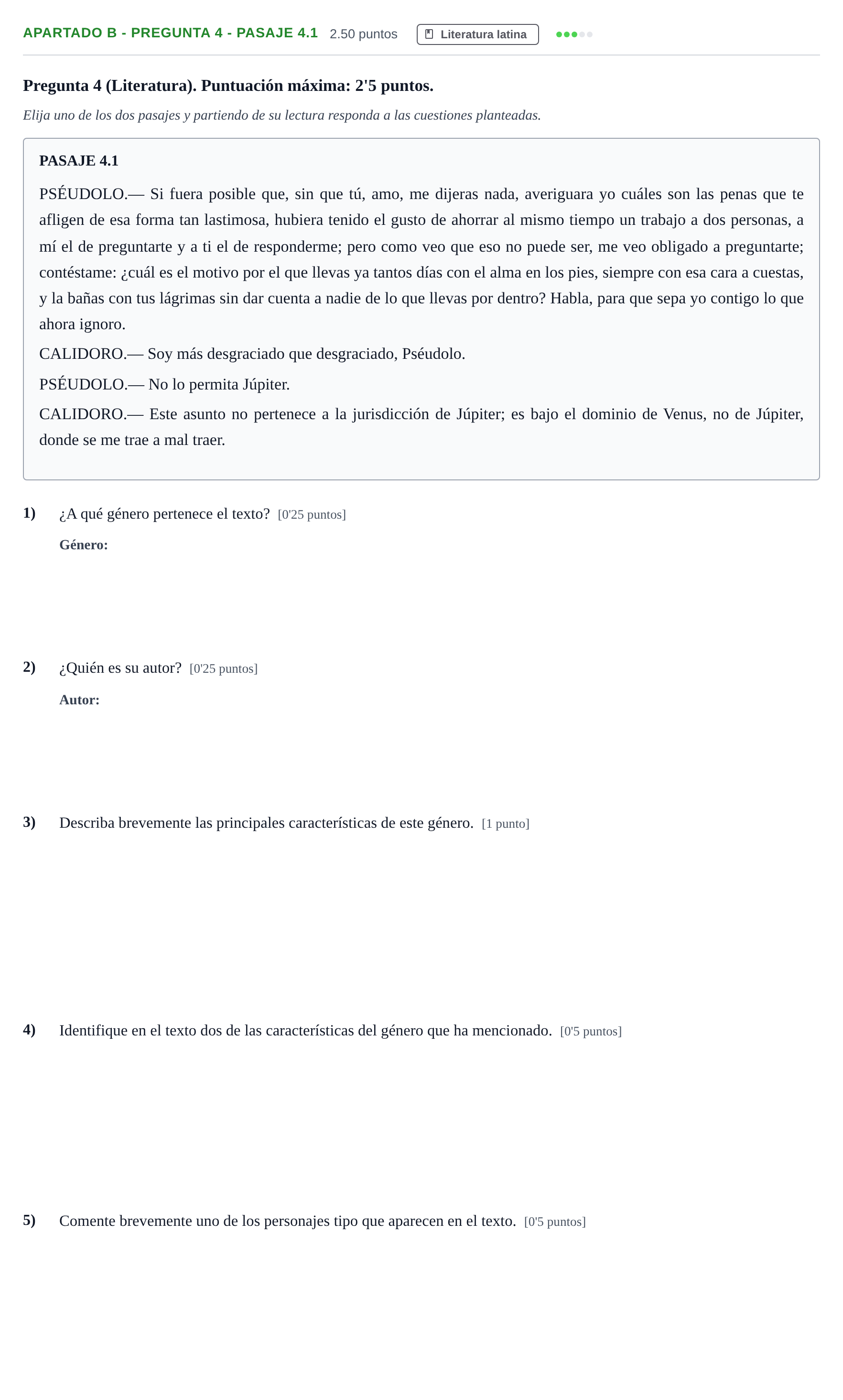 Enunciado: Apartado B - Pregunta 4 - Pasaje 4.1 · Latín II PAU Andalucía Ordinaria Titular 2025