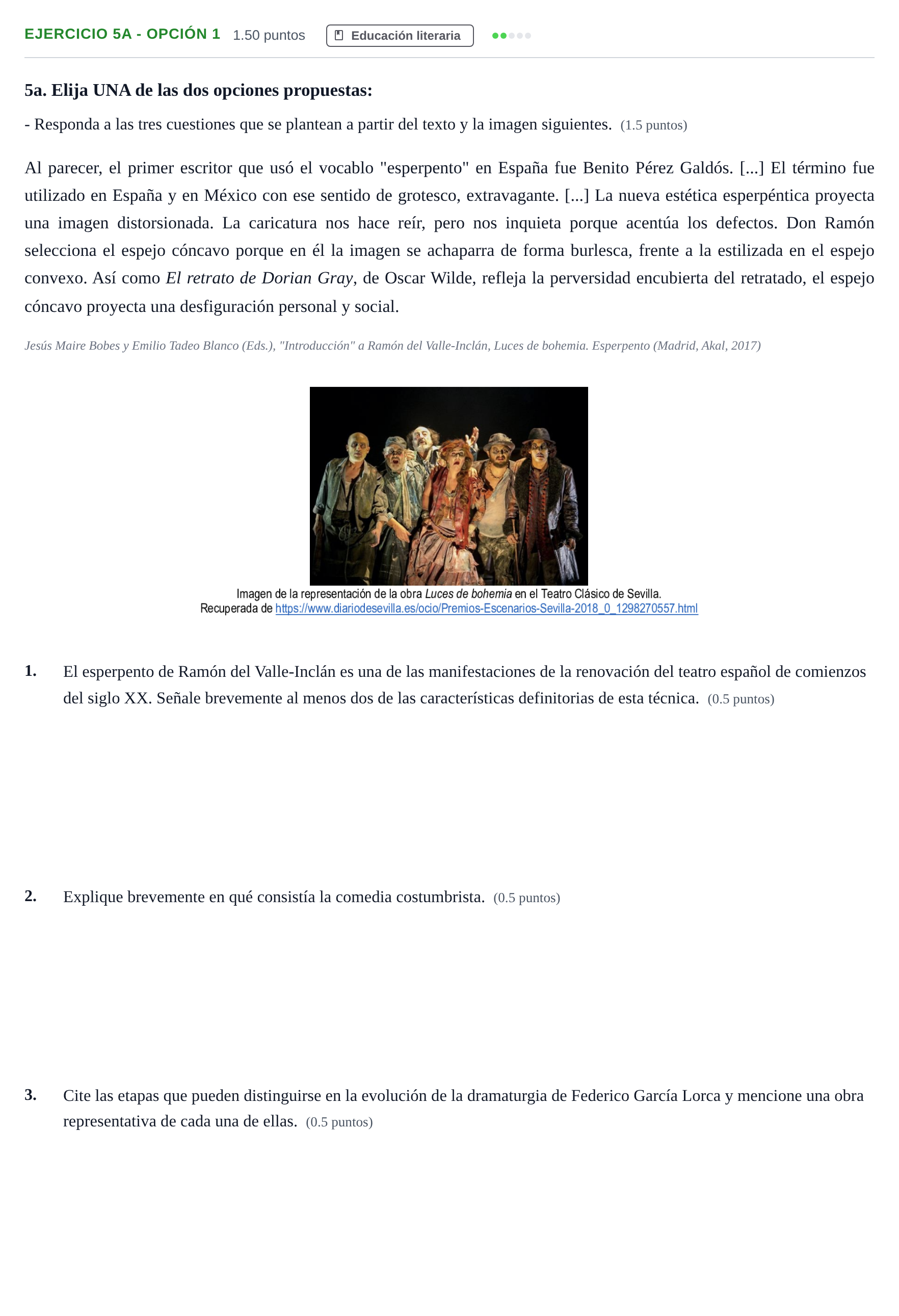 Enunciado: Ejercicio 5a - Opción 1 · Lengua Castellana y Literatura II PAU Andalucía Extraordinaria Suplente 1 2025