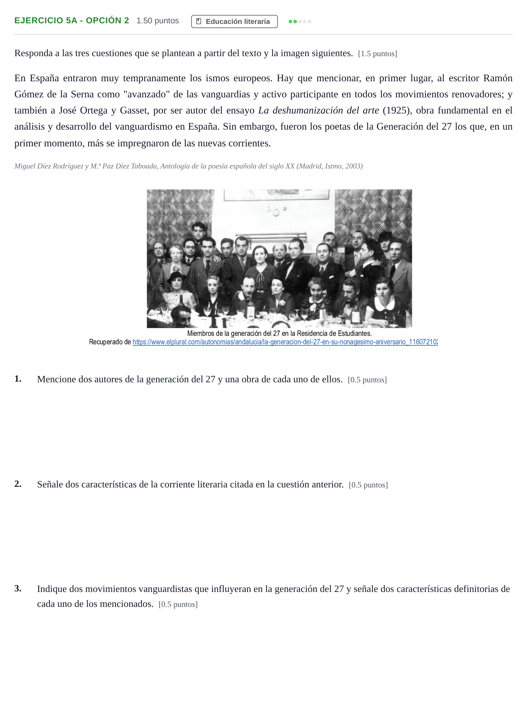 Enunciado: Ejercicio 5a - Opción 2 · Lengua Castellana y Literatura II PAU Andalucía Extraordinaria Suplente 1 2025