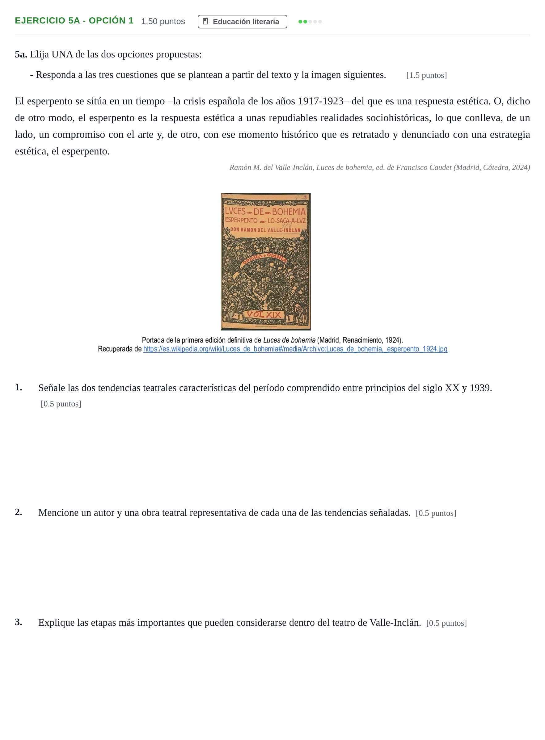 Enunciado: Ejercicio 5a - Opción 1 · Lengua Castellana y Literatura II PAU Andalucía Extraordinaria Suplente 2 2025
