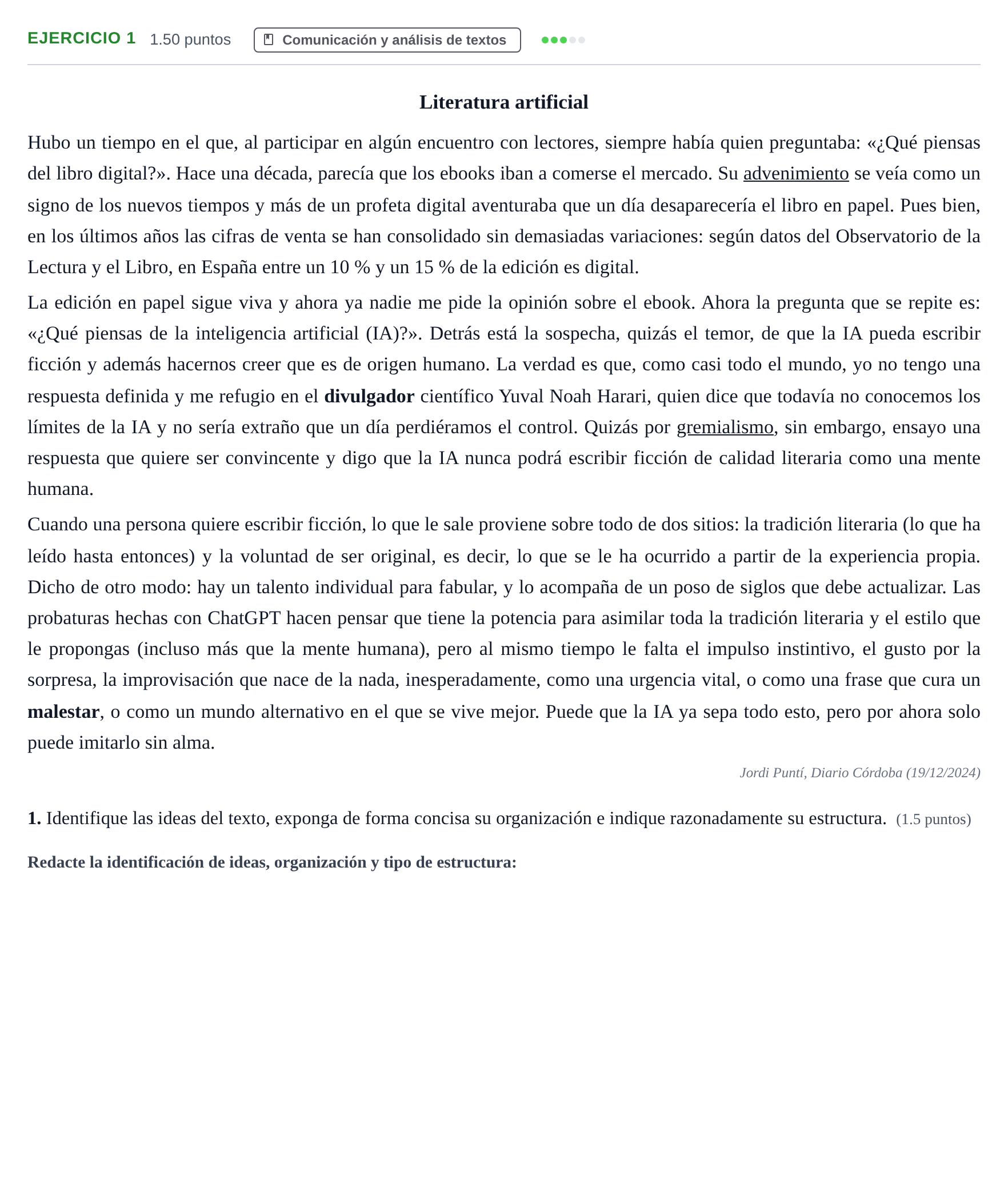 Enunciado: Problema 1 · Lengua Castellana y Literatura II PAU Andalucía Ordinaria Suplente 1 2025