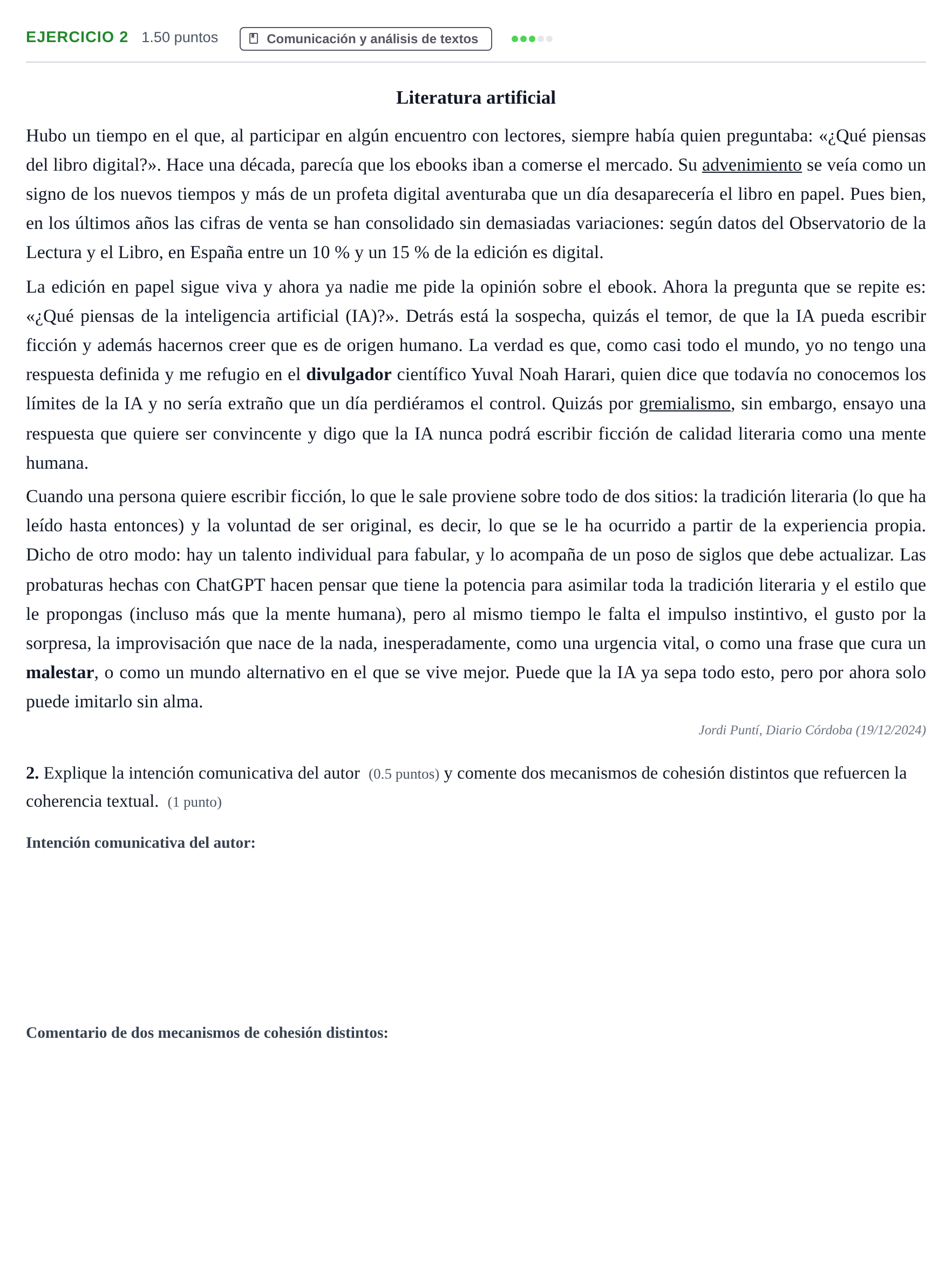 Enunciado: Problema 2 · Lengua Castellana y Literatura II PAU Andalucía Ordinaria Suplente 1 2025