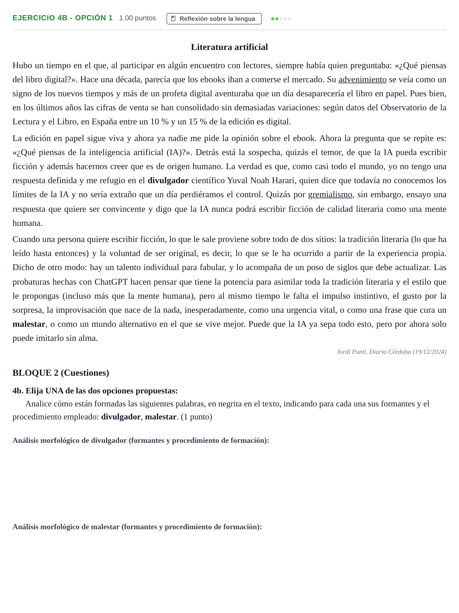 Enunciado: Ejercicio 4b - Opción 1 · Lengua Castellana y Literatura II PAU Andalucía Ordinaria Suplente 1 2025