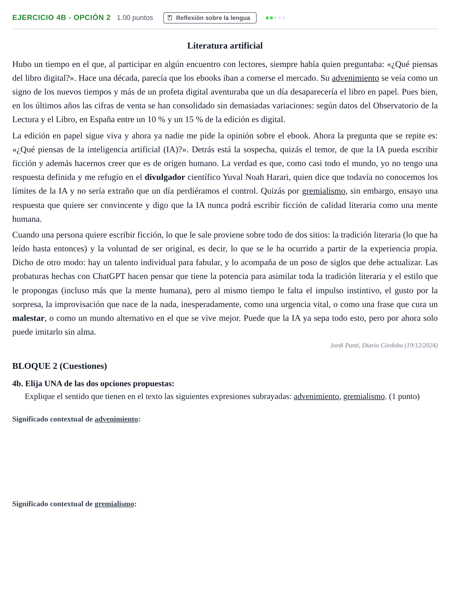 Enunciado: Ejercicio 4b - Opción 2 · Lengua Castellana y Literatura II PAU Andalucía Ordinaria Suplente 1 2025