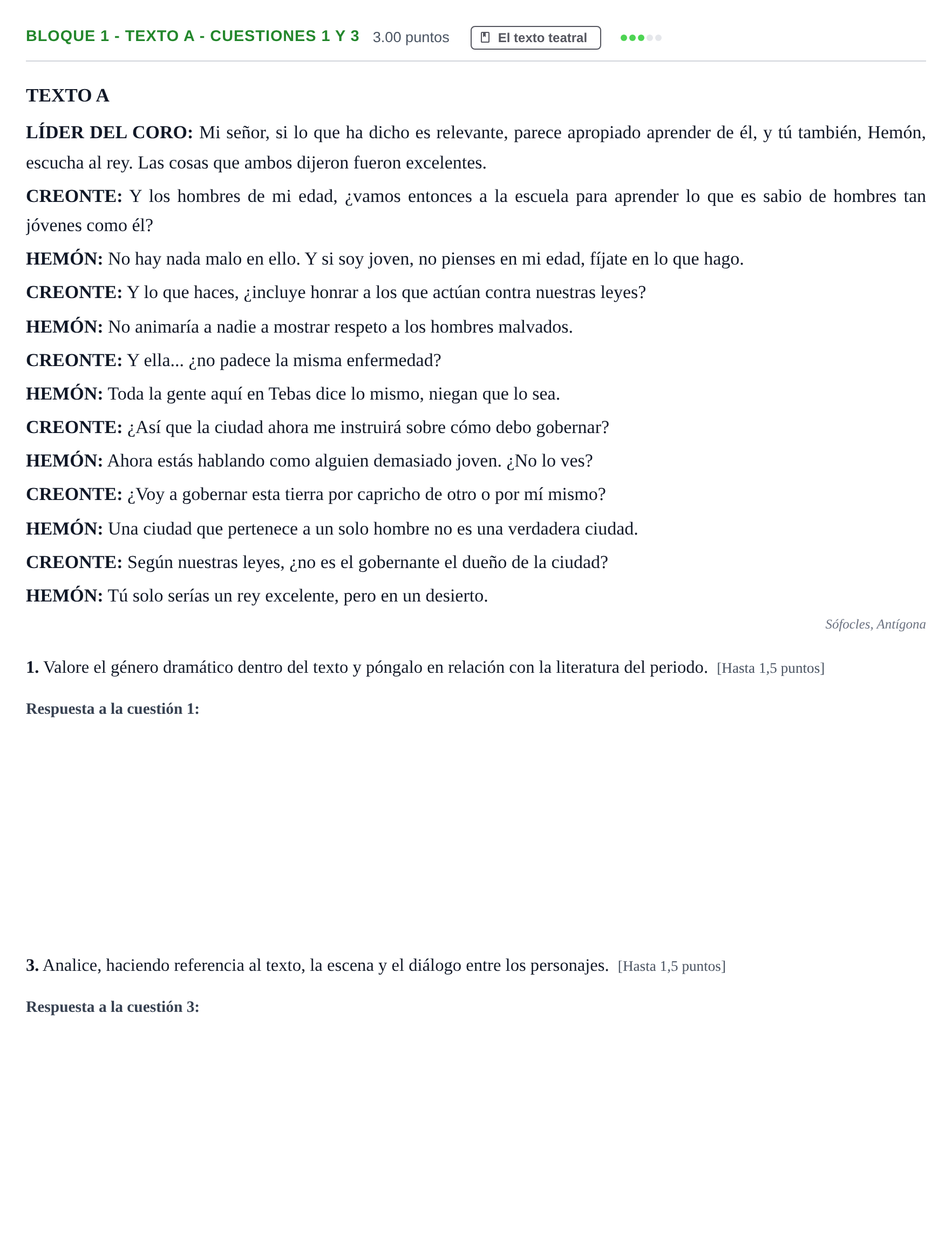 Enunciado: Bloque 1 - Texto A - Cuestiones 1 y 3 · Literatura Dramática PAU Andalucía Extraordinaria Suplente 1 2025