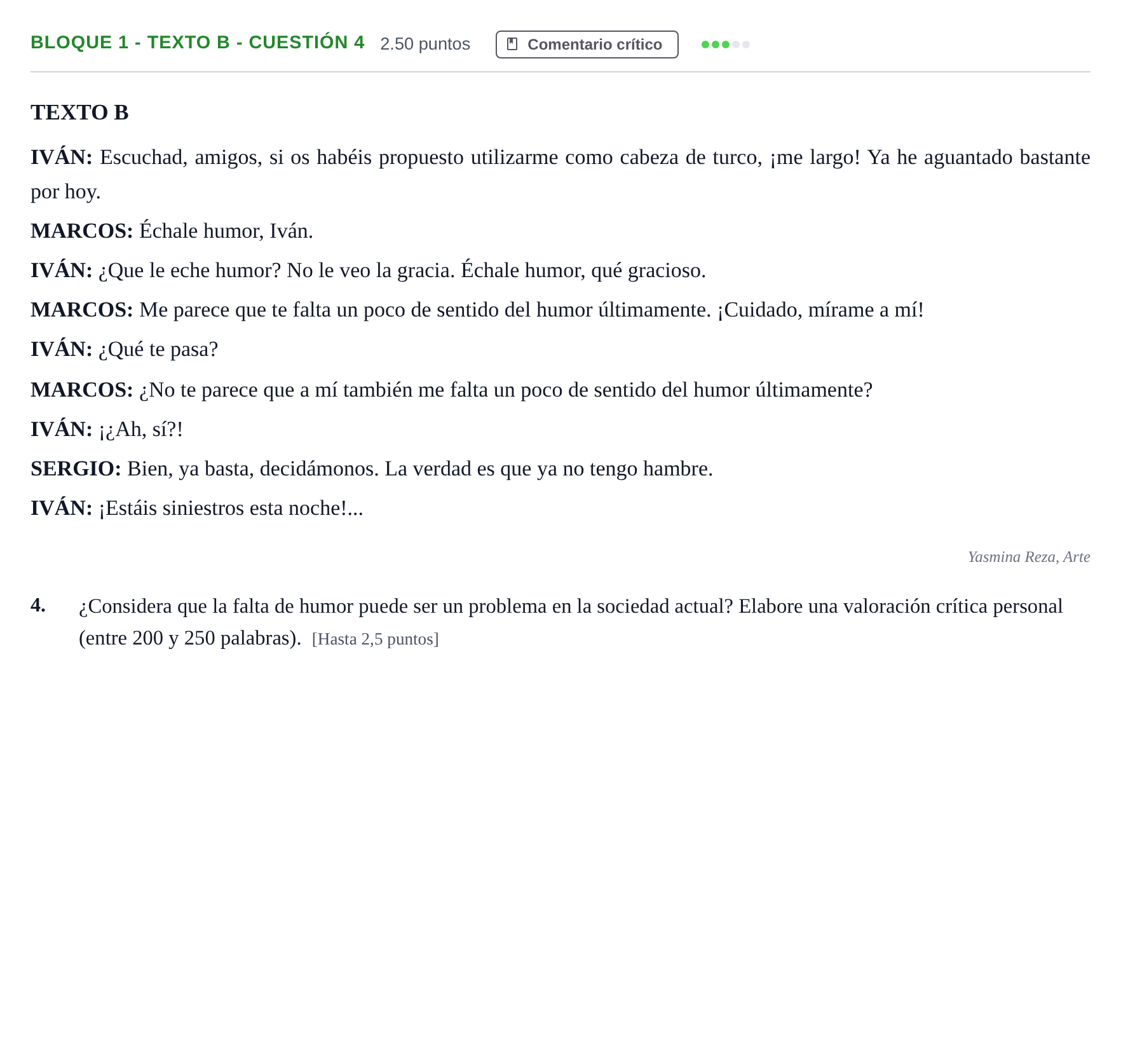 Enunciado: Bloque 1 - Texto B - Cuestión 4 · Literatura Dramática PAU Andalucía Extraordinaria Suplente 1 2025