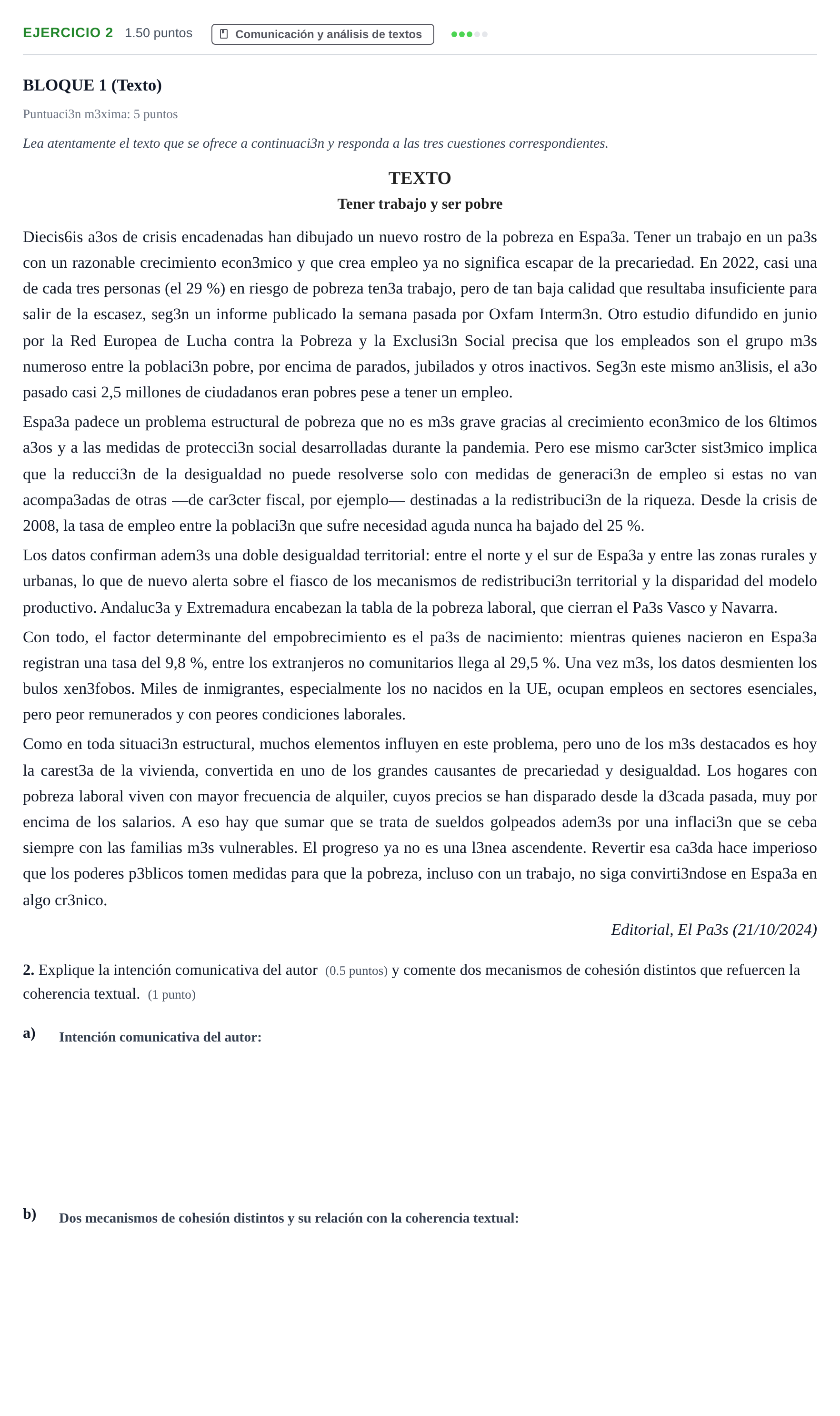 Enunciado: Problema 2 · Lengua Castellana y Literatura II PAU Andalucía Ordinaria Titular 2025