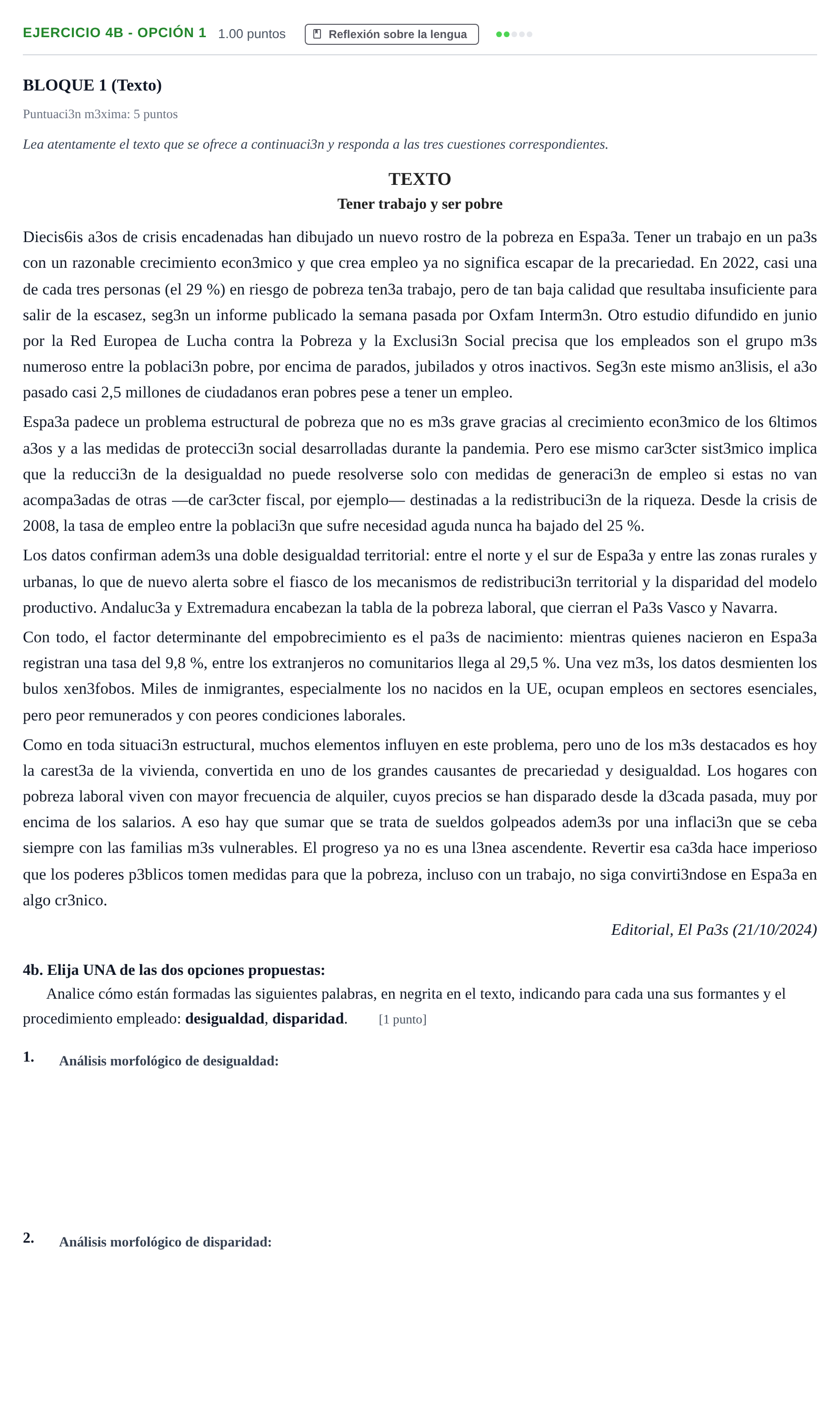 Enunciado: Ejercicio 4b - Opción 1 · Lengua Castellana y Literatura II PAU Andalucía Ordinaria Titular 2025