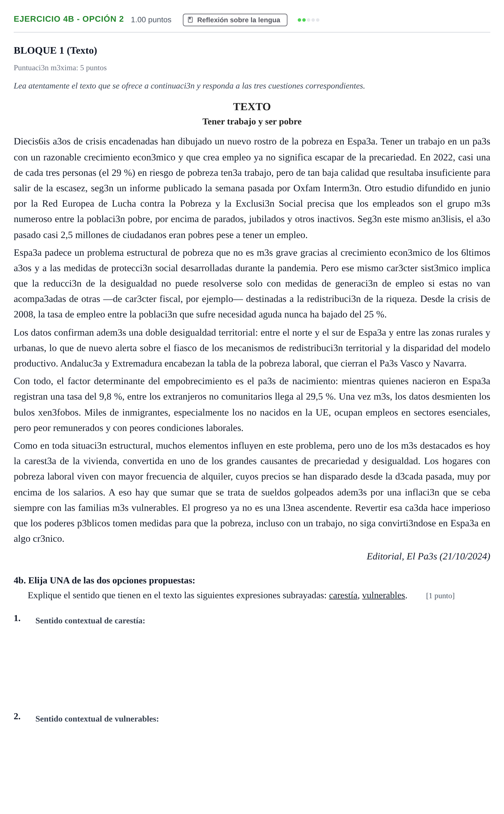 Enunciado: Ejercicio 4b - Opción 2 · Lengua Castellana y Literatura II PAU Andalucía Ordinaria Titular 2025