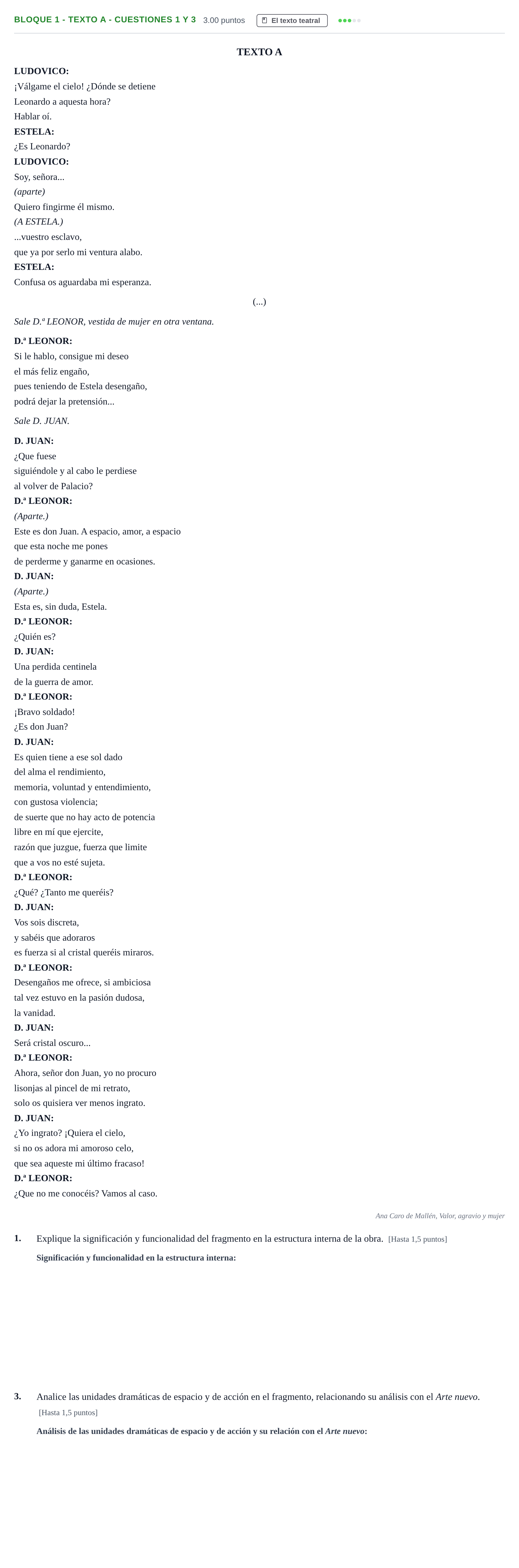 Enunciado: Bloque 1 - Texto A - Cuestiones 1 y 3 · Literatura Dramática PAU Andalucía Extraordinaria Suplente 2 2025
