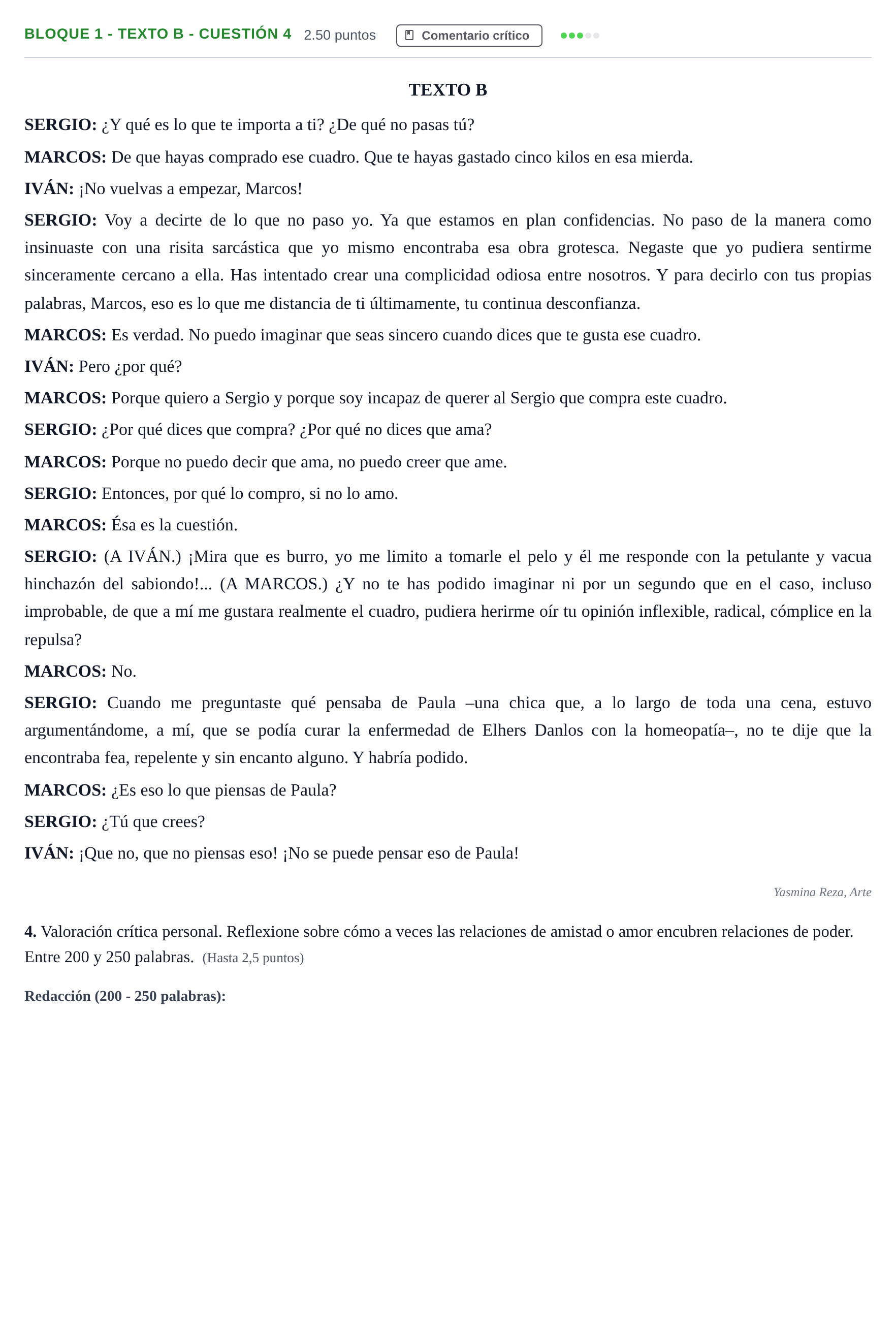 Enunciado: Bloque 1 - Texto B - Cuestión 4 · Literatura Dramática PAU Andalucía Extraordinaria Suplente 2 2025