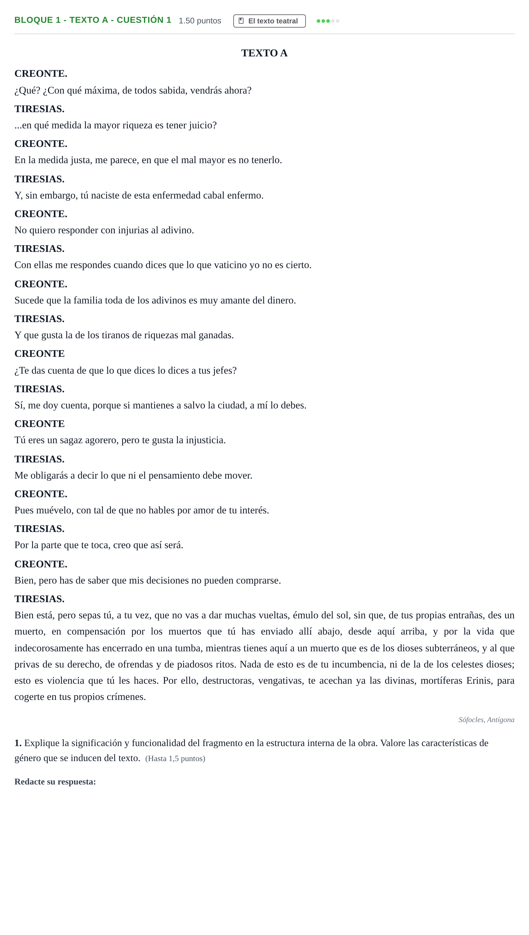 Enunciado: Bloque 1 - Texto A - Cuestión 1 · Literatura Dramática PAU Andalucía Ordinaria Suplente 1 2025
