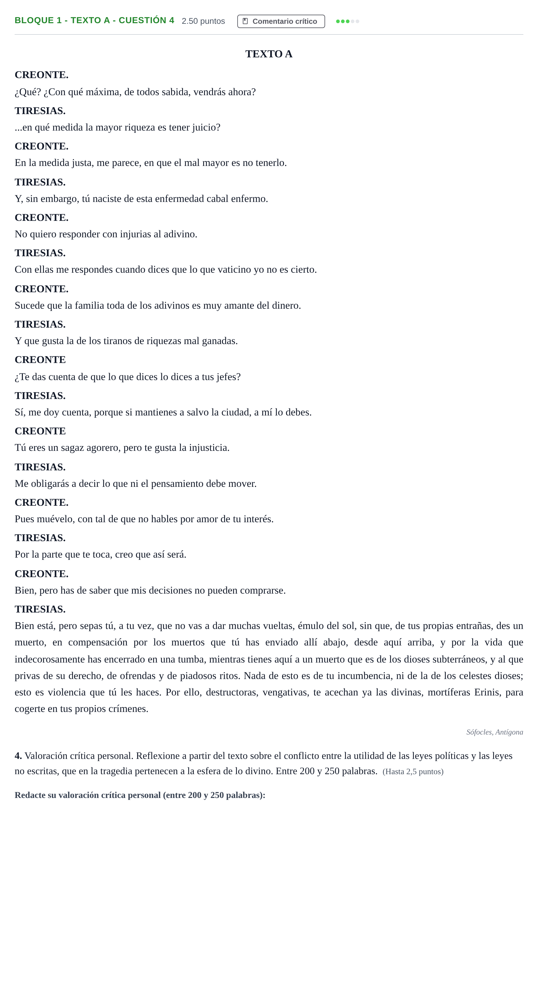 Enunciado: Bloque 1 - Texto A - Cuestión 4 · Literatura Dramática PAU Andalucía Ordinaria Suplente 1 2025