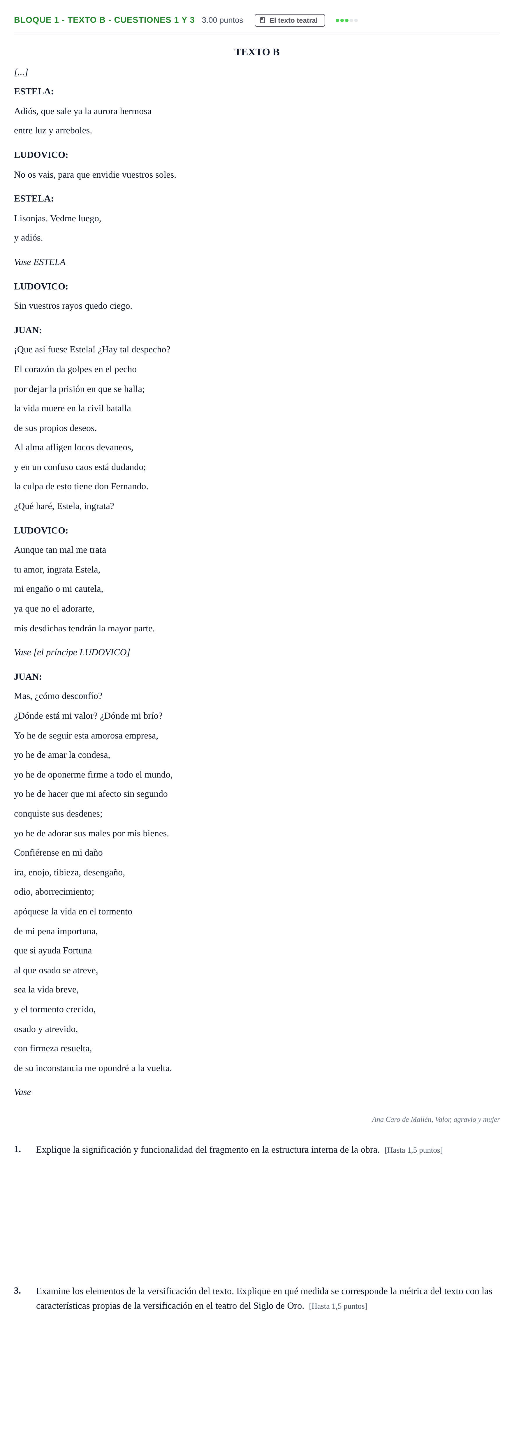 Enunciado: Bloque 1 - Texto B - Cuestiones 1 y 3 · Literatura Dramática PAU Andalucía Ordinaria Suplente 1 2025