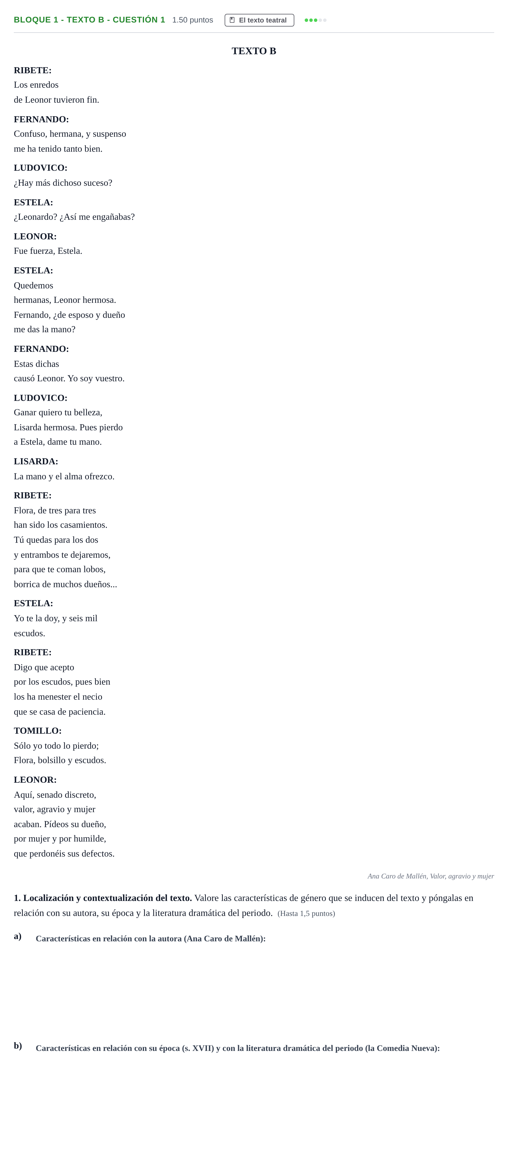 Enunciado: Bloque 1 - Texto B - Cuestión 1 · Literatura Dramática PAU Andalucía Ordinaria Titular 2025