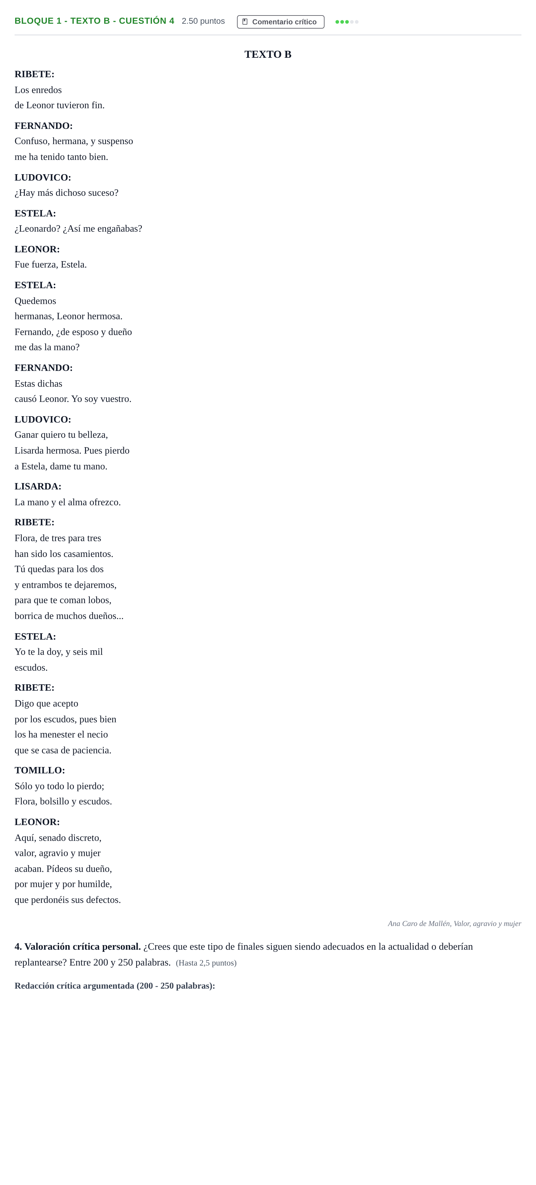 Enunciado: Bloque 1 - Texto B - Cuestión 4 · Literatura Dramática PAU Andalucía Ordinaria Titular 2025